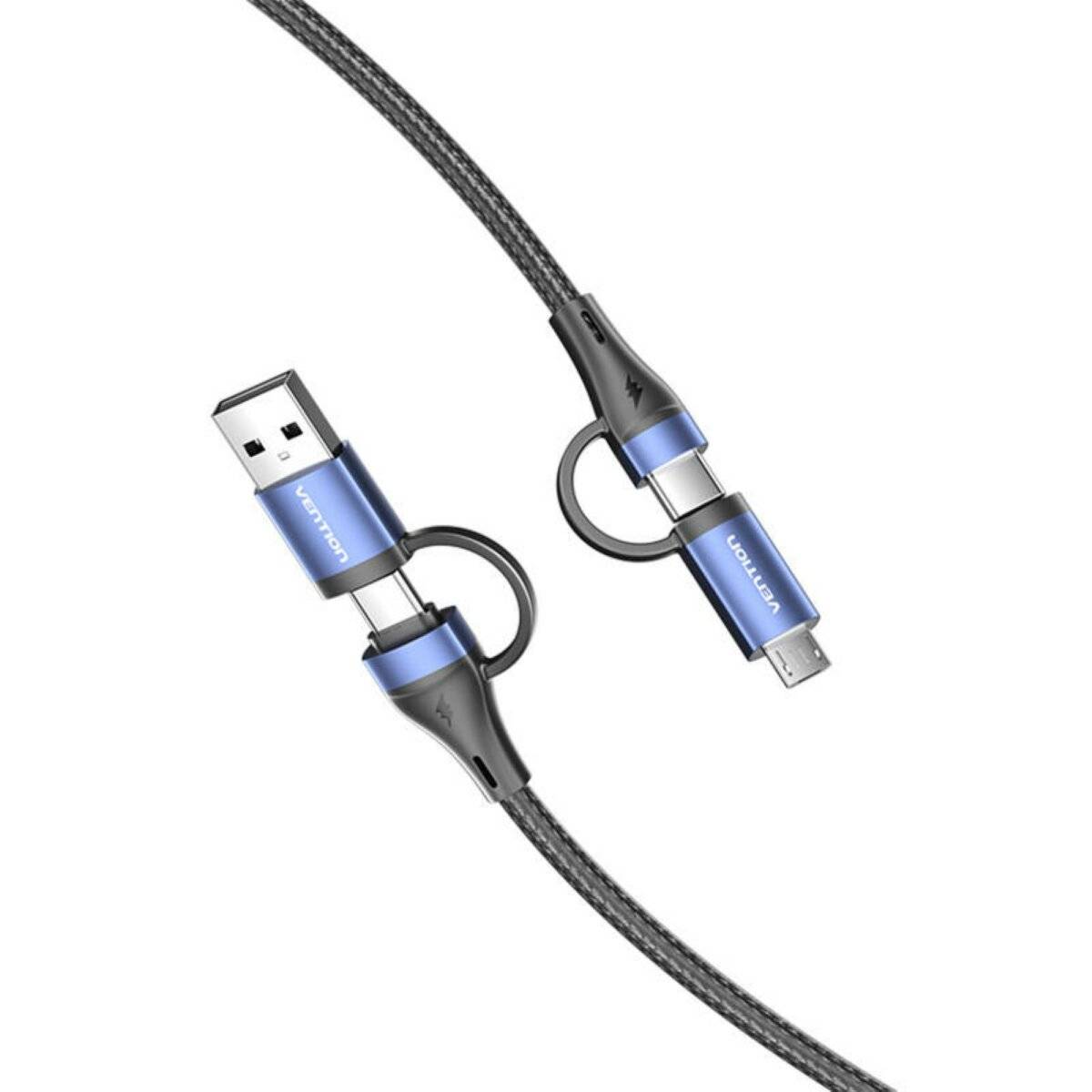 4 in 1 Ladekabel USB 2.0 Kabel mit 3 Anschlüssen (2x USB-C, micro-USB, USB-A) in Schwarz 1m
