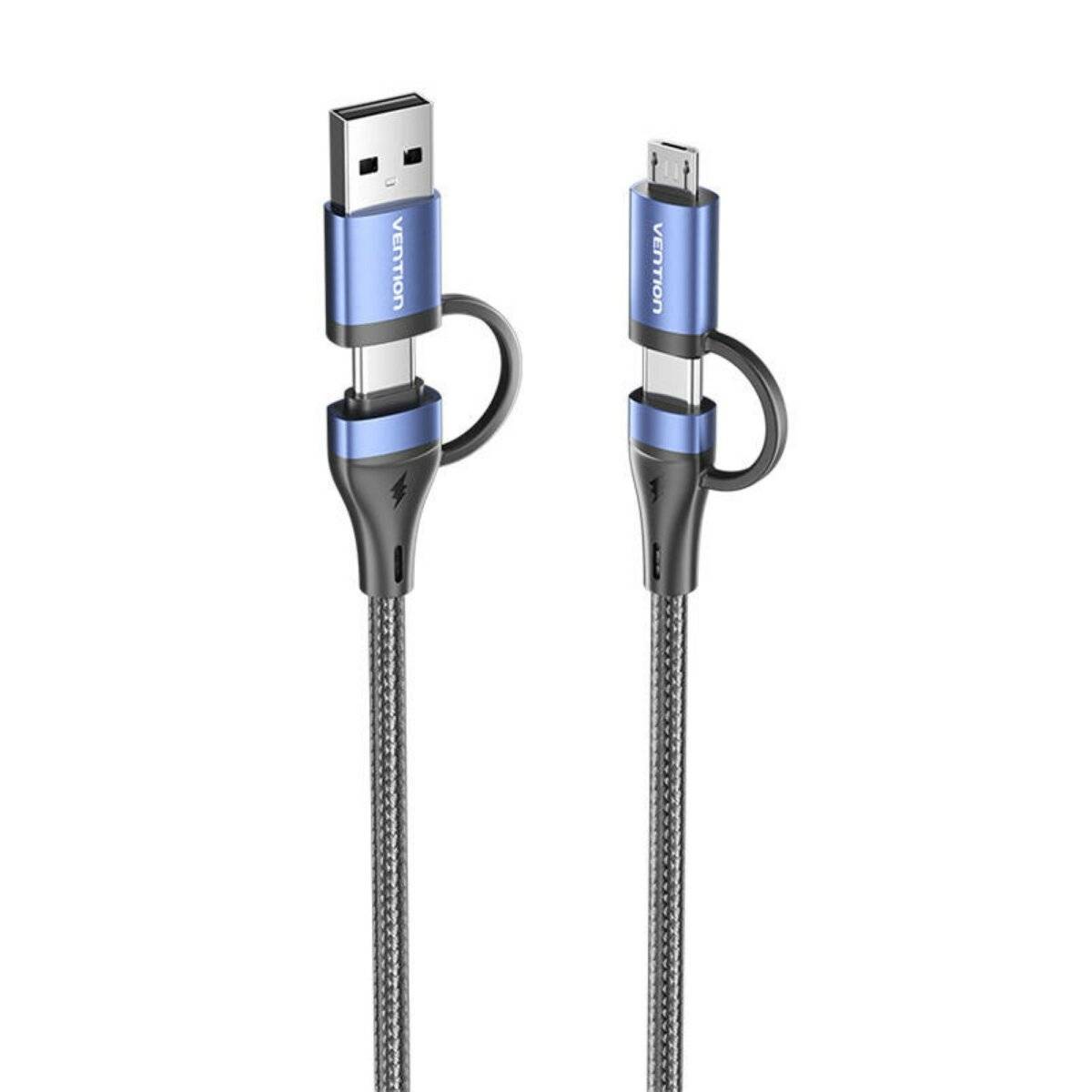 4 in 1 Ladekabel USB 2.0 Kabel mit 3 Anschlüssen (2x USB-C, micro-USB, USB-A) in Schwarz 1m