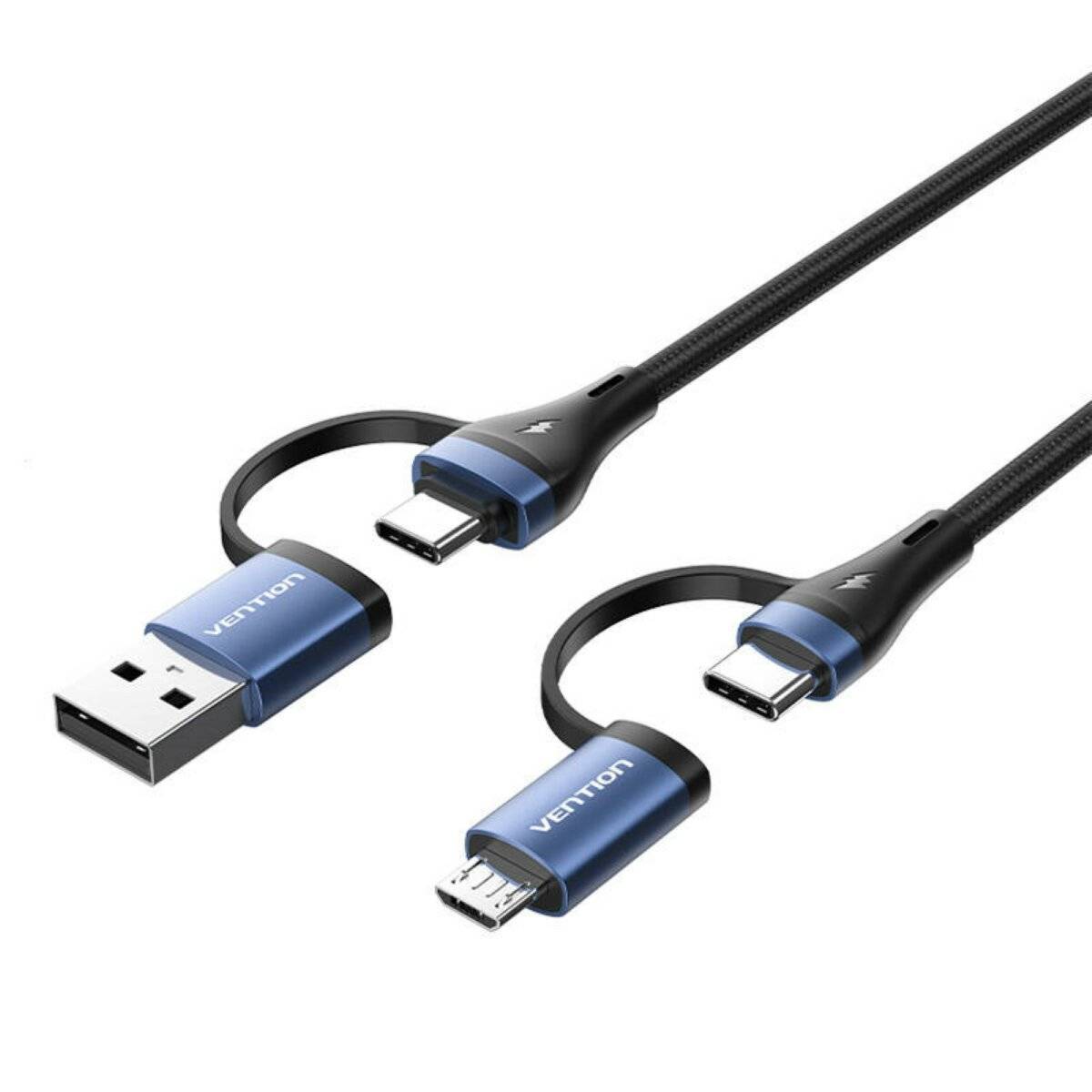 4 in 1 Ladekabel USB 2.0 Kabel mit 3 Anschlüssen (2x USB-C, micro-USB, USB-A) in Schwarz 1m
