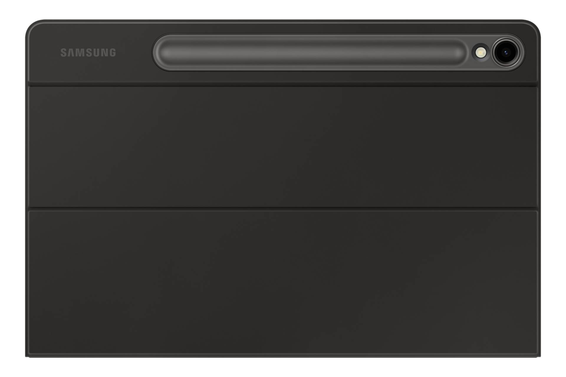 Nahaufnahme eines zusammengeklappten Samsung Galaxy Z Fold Smartphones in Dunkelgrau, das die hinteren Kameras und den Scharnier-Bereich zeigt.