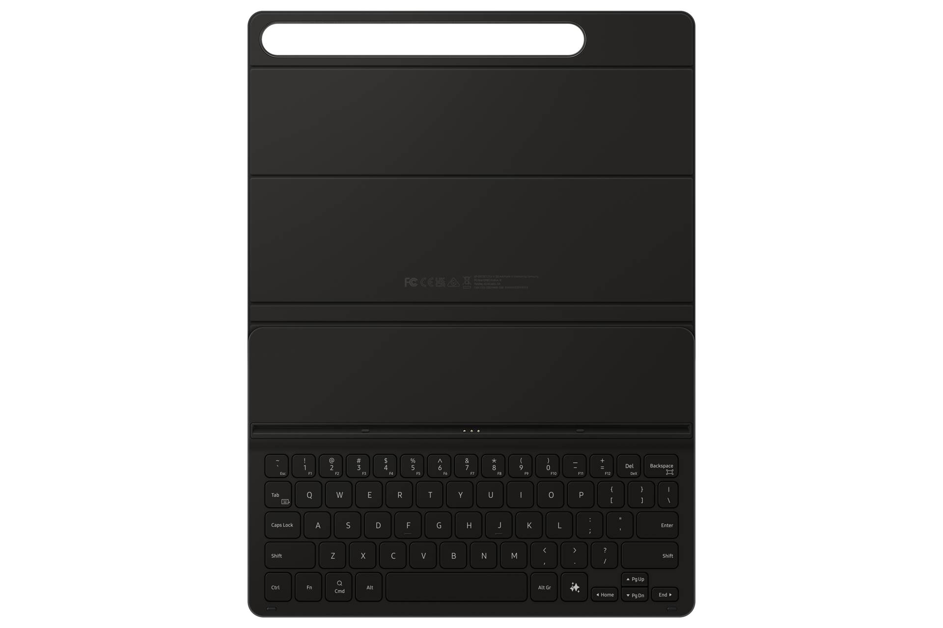Schwarze Tablet-Tastaturhülle mit integriertem Ständer und Griffschlitz, geschlossen vor dunklem Hintergrund gezeigt.