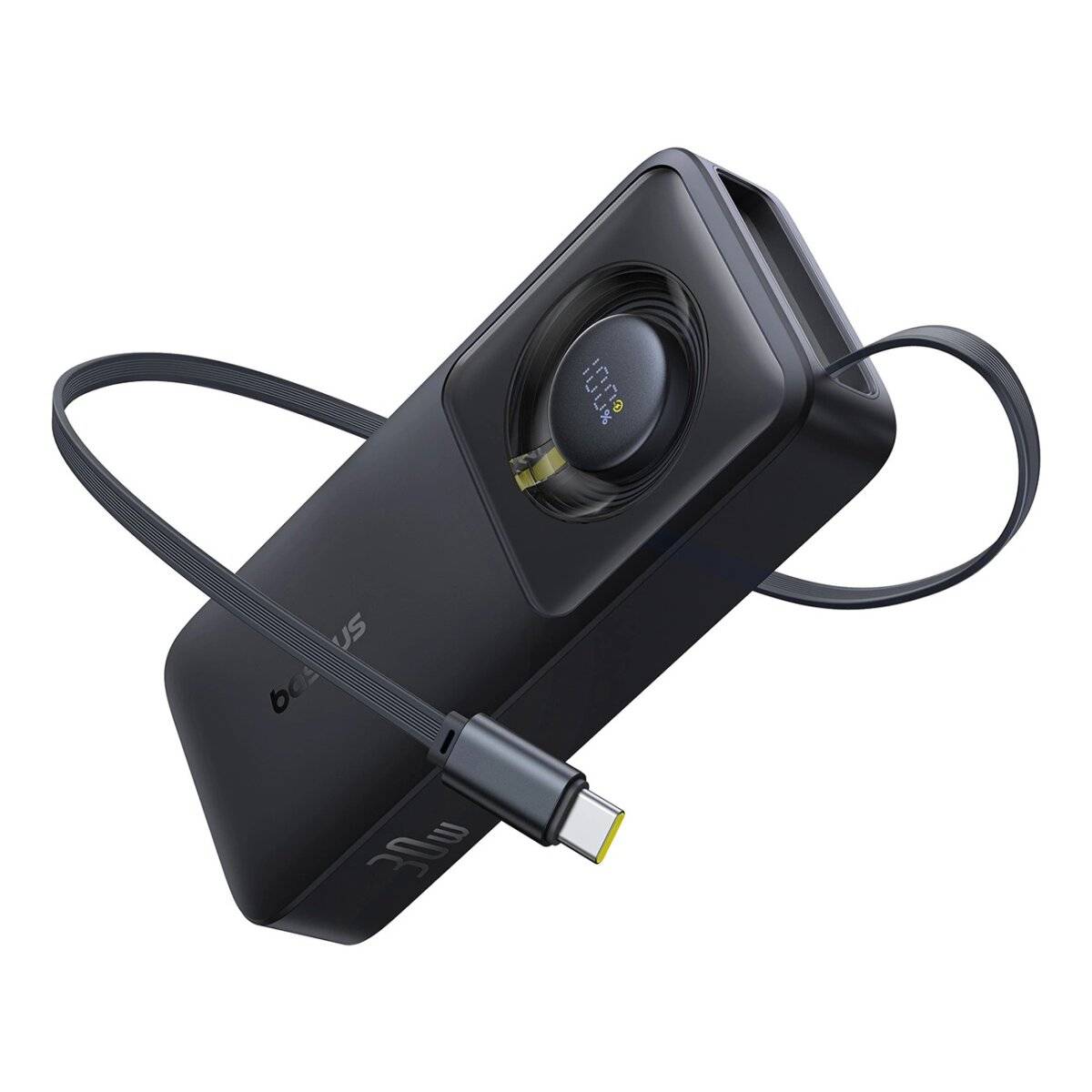 10000 mAh 30 W Powerbank mit USB-C-Anschluss und einziehbarem USB-C-Kabel - für Reisen, die Arbeit oder Schule Schwarz