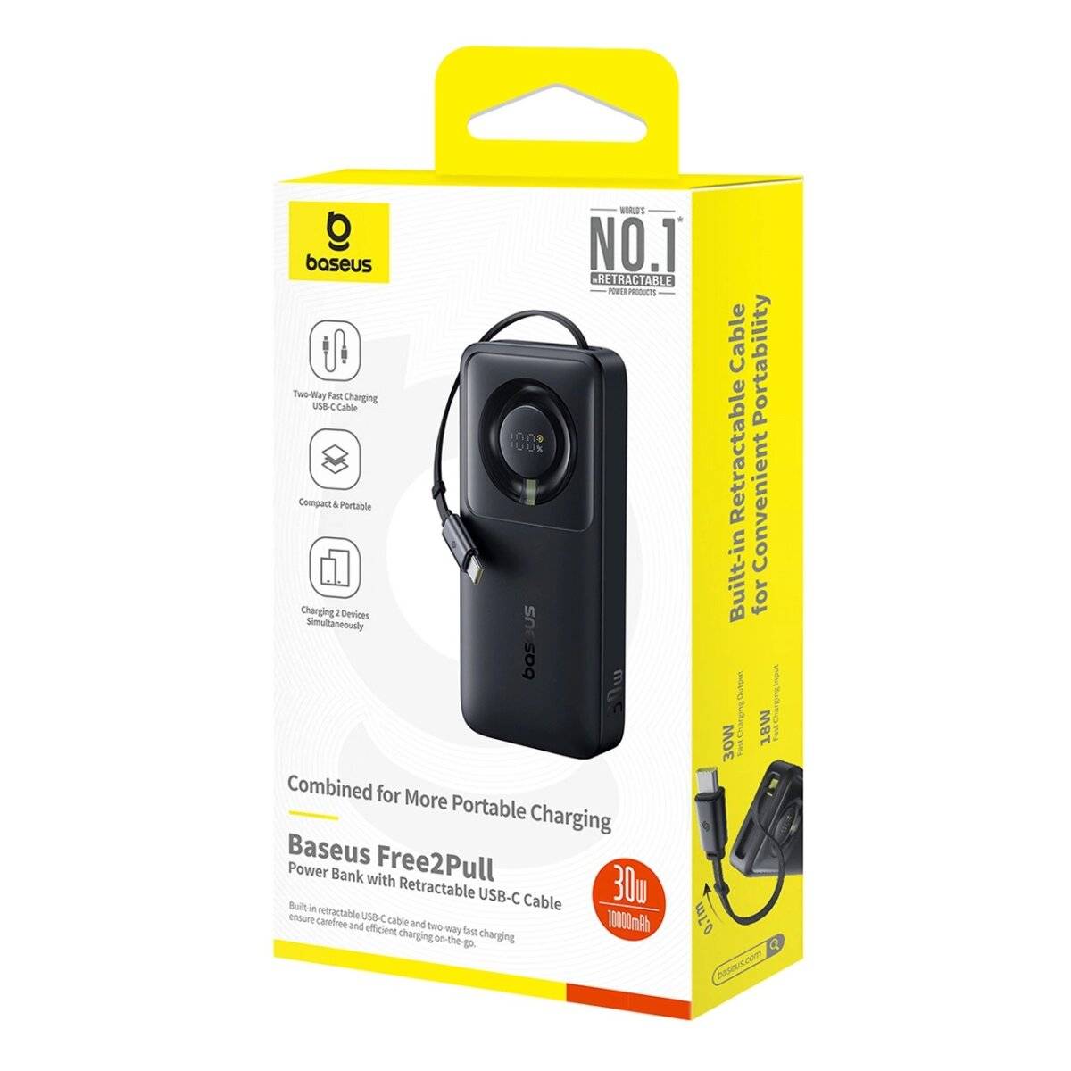 10000 mAh 30 W Powerbank mit USB-C-Anschluss und einziehbarem USB-C-Kabel - für Reisen, die Arbeit oder Schule Schwarz