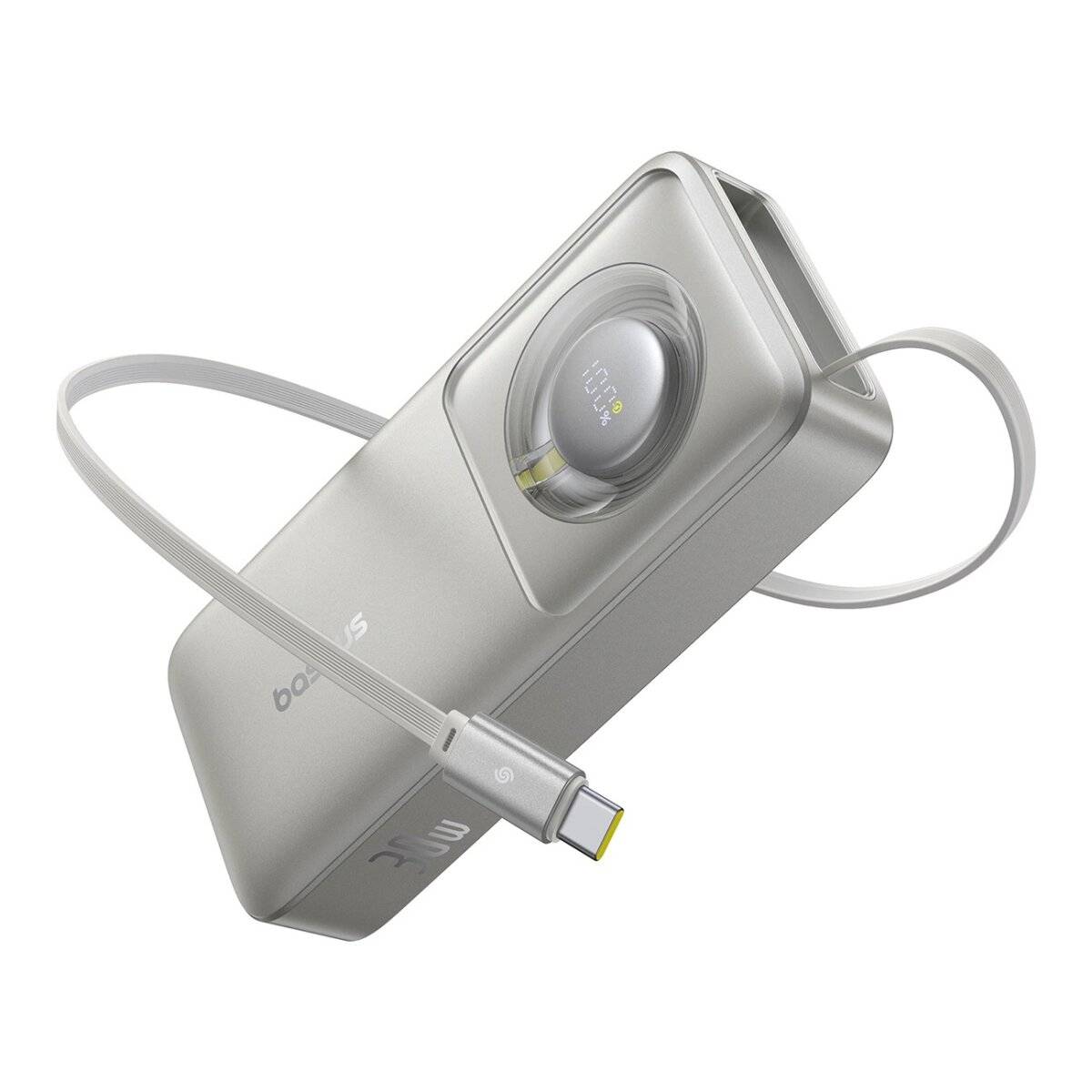 10000 mAh 30 W Powerbank mit USB-C-Anschluss und einziehbarem USB-C-Kabel - für Reisen, die Arbeit oder Schule Grau