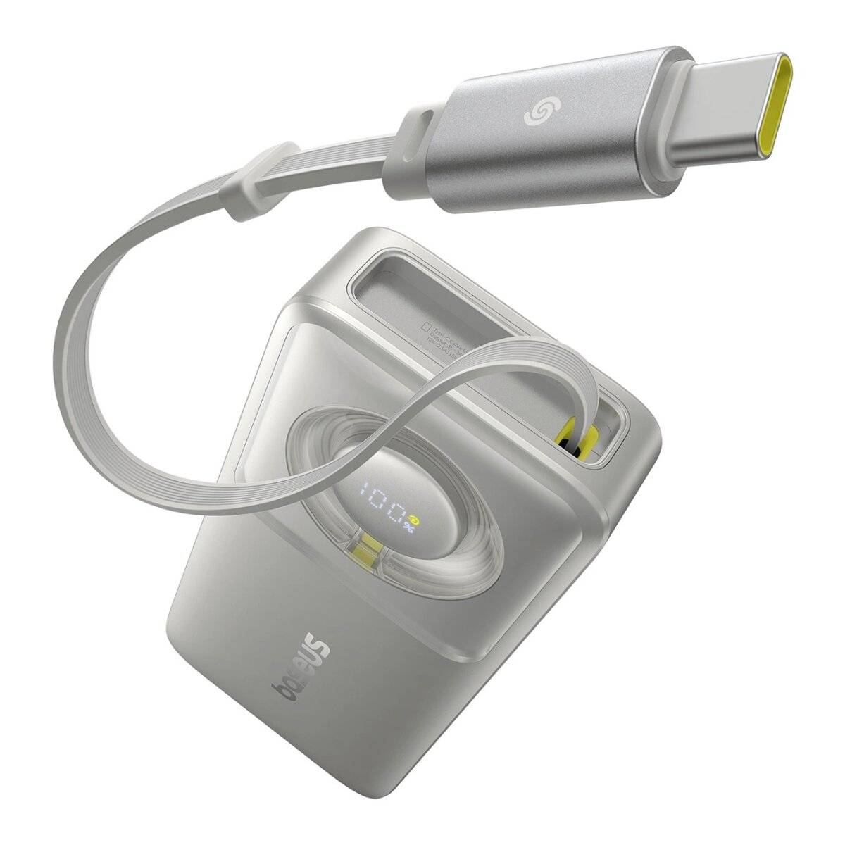 10000 mAh 30 W Powerbank mit USB-C-Anschluss und einziehbarem USB-C-Kabel - für Reisen, die Arbeit oder Schule Grau