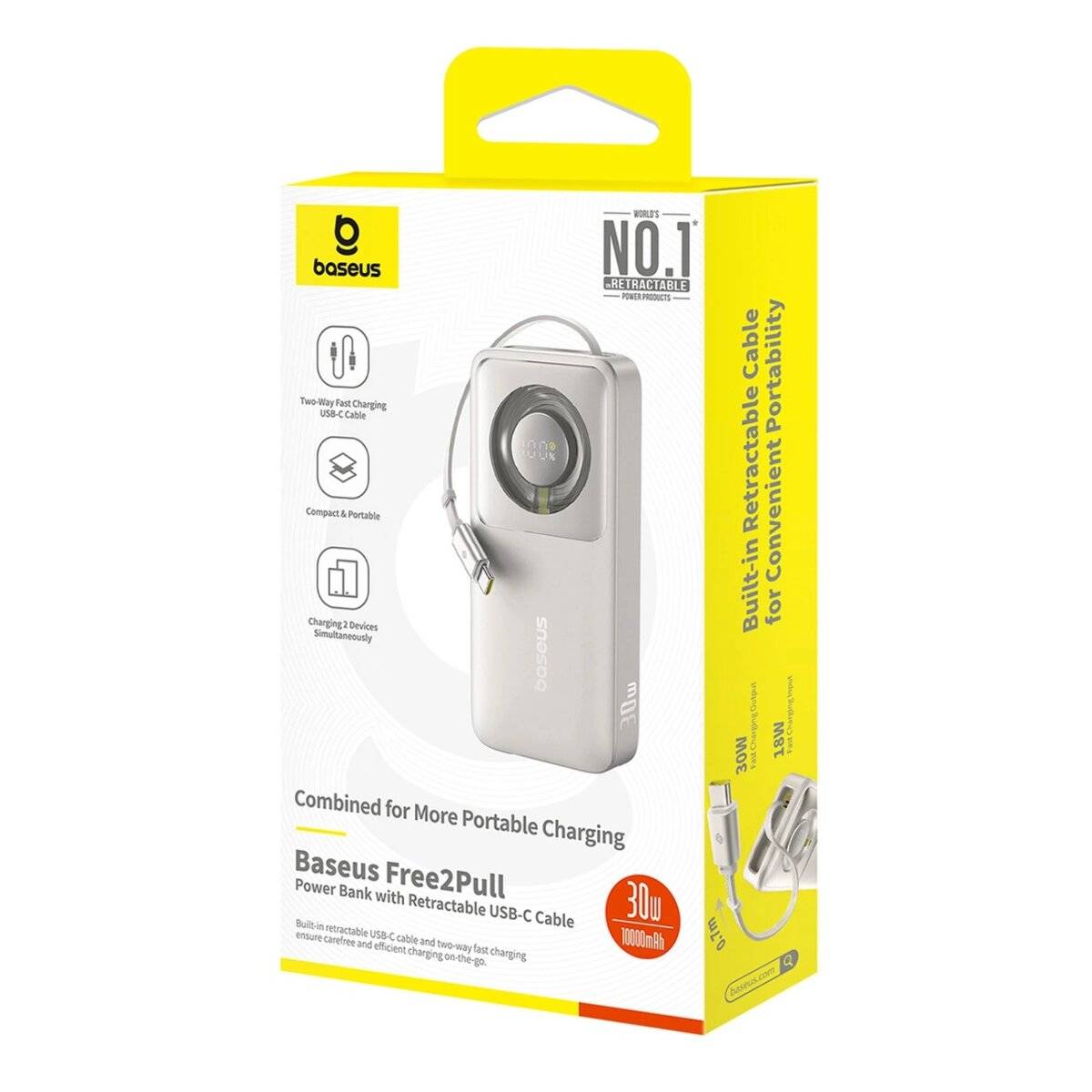 10000 mAh 30 W Powerbank mit USB-C-Anschluss und einziehbarem USB-C-Kabel - für Reisen, die Arbeit oder Schule Grau