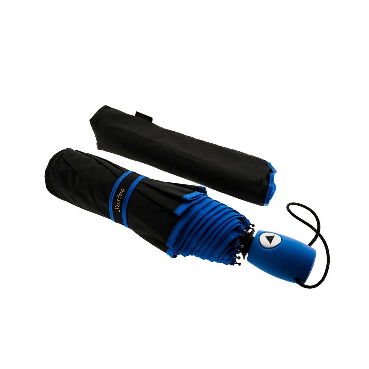 Teleskop Taschenschirm mit Schutzhülle ergonomischer Gummigriff Farbumranndung Blau