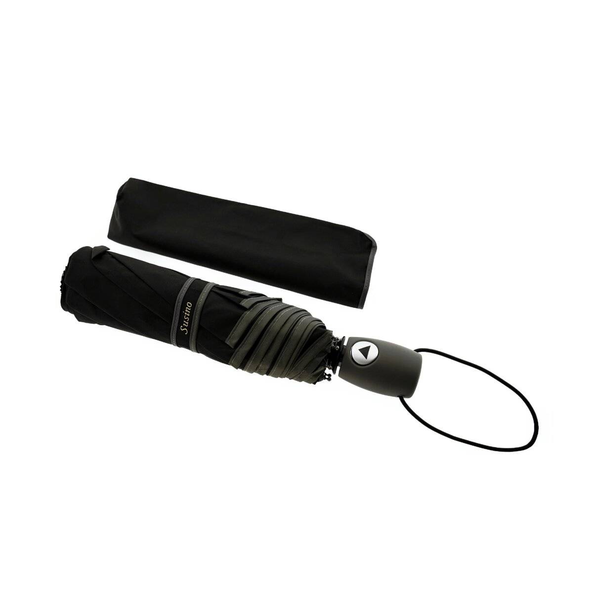 Teleskop Taschenschirm mit Schutzhülle ergonomischer Gummigriff Farbumranndung Grau