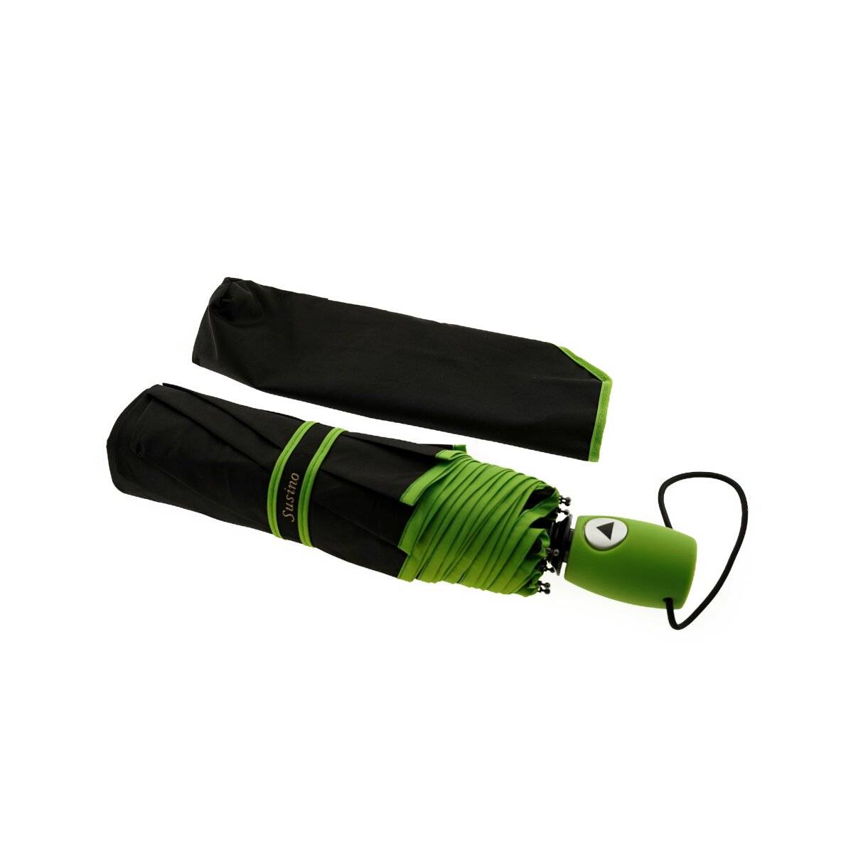 Teleskop Taschenschirm mit Schutzhülle ergonomischer Gummigriff Farbumranndung Grün