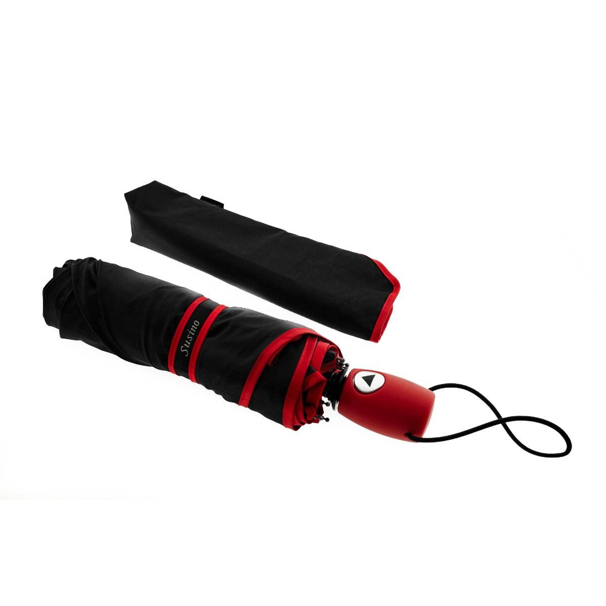 Teleskop Taschenschirm mit Schutzhülle ergonomischer Gummigriff Farbumranndung Rot