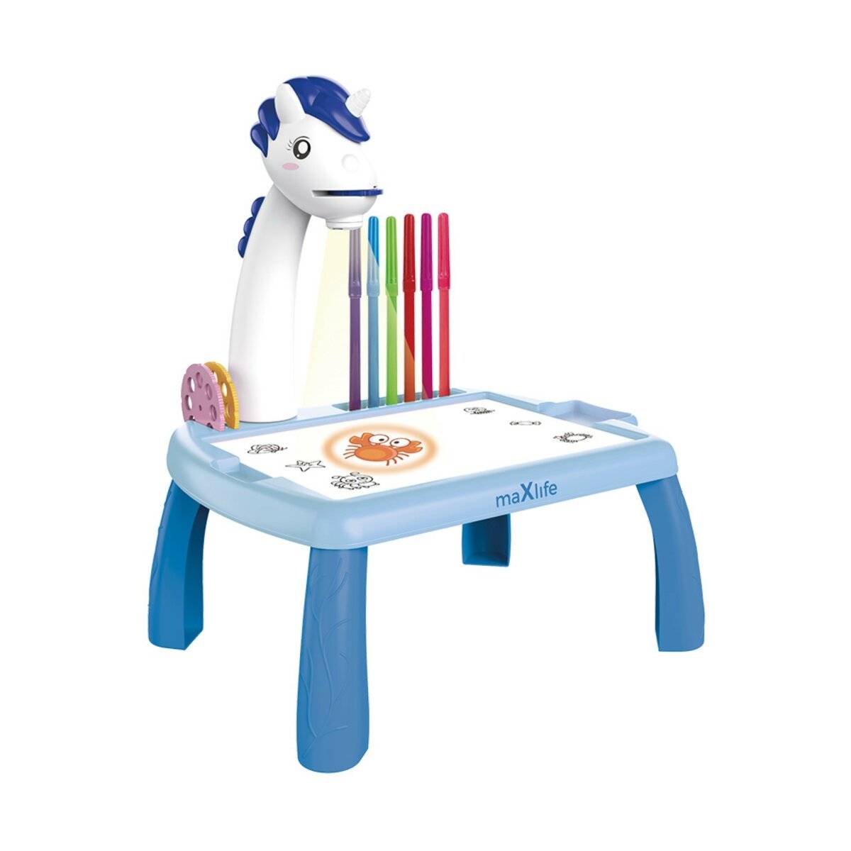 Projektor mit Zeichentisch MXDP-200 in Blau mit einem Einhorn als Strahler für Kinder