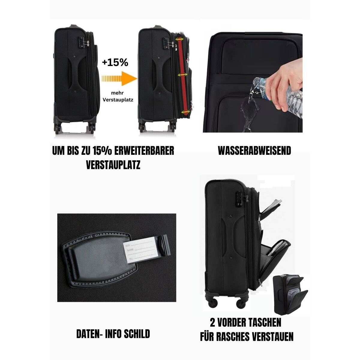 Hochwertiges 4er Kofferset aus Stoff mit Erweiterbarer Kapazität und 360° Rädern Blau