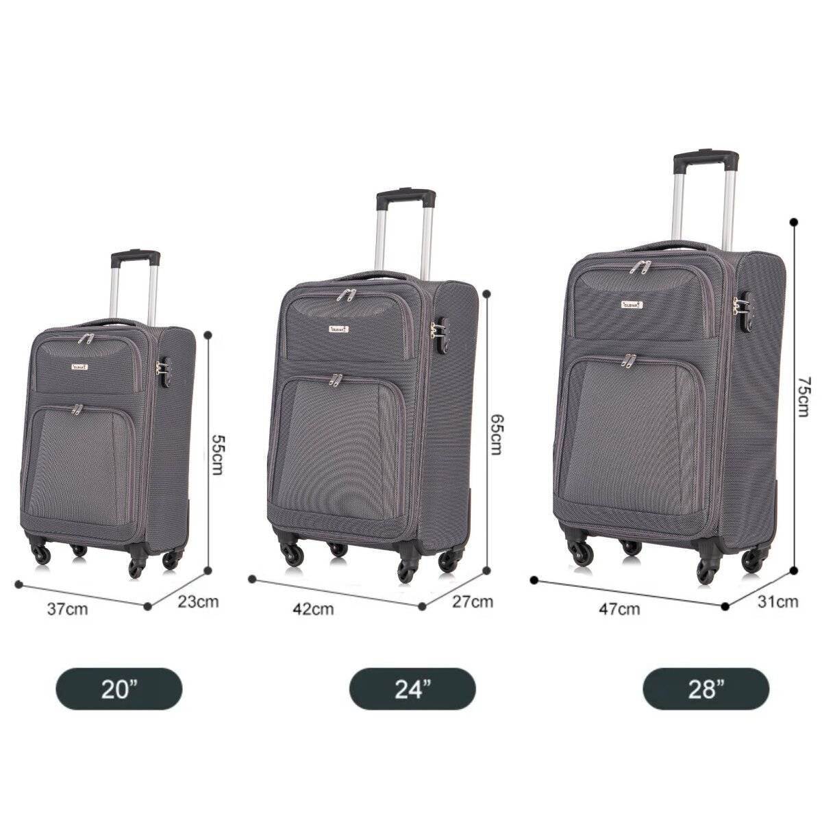 Hochwertiges 3er Kofferset aus Stoff mit Erweiterbarer Kapazität und 360° Rädern Grau