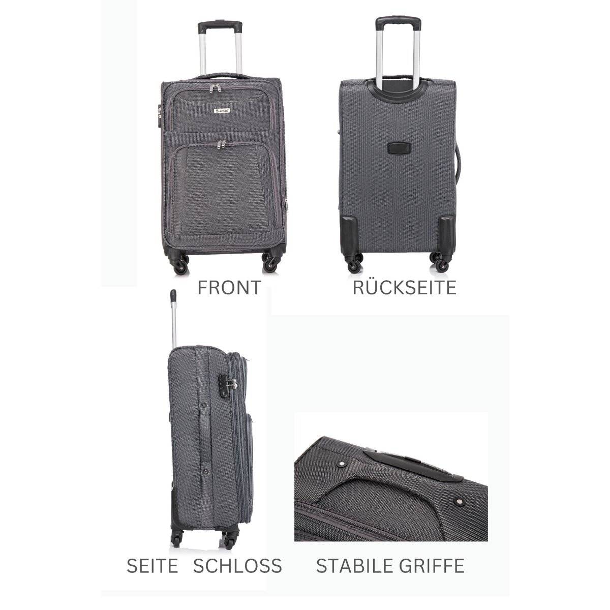 Hochwertiges 3er Kofferset aus Stoff mit Erweiterbarer Kapazität und 360° Rädern Grau