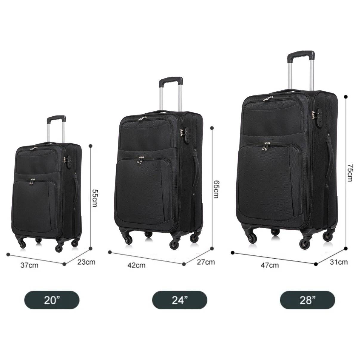 Hochwertiges 3er Kofferset aus Stoff mit Erweiterbarer Kapazität und 360° Rädern Schwarz