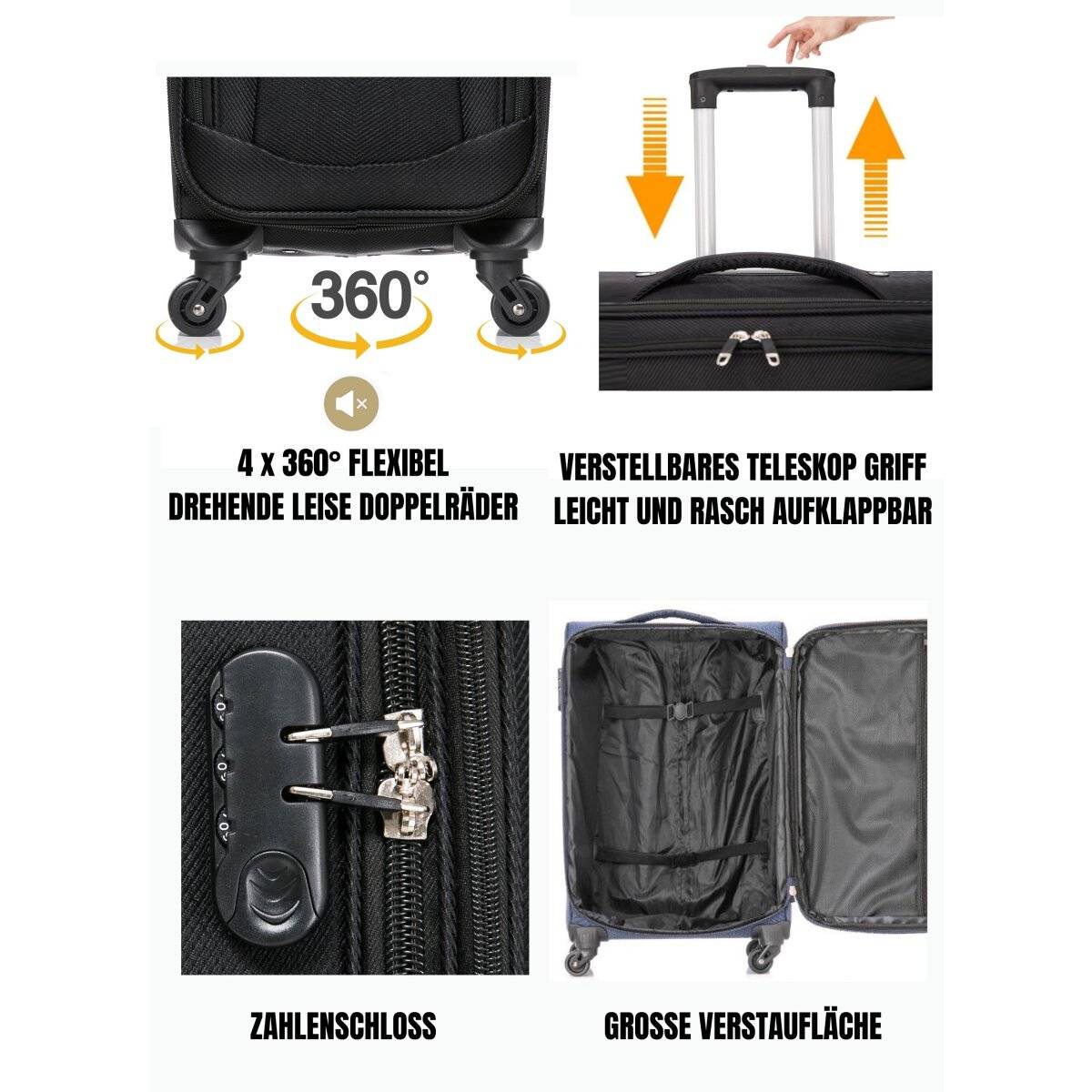Hochwertiges 3er Kofferset aus Stoff mit Erweiterbarer Kapazität und 360° Rädern Schwarz