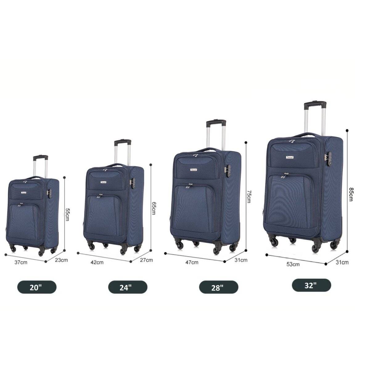 Hochwertiges 4er Kofferset aus Stoff mit Erweiterbarer Kapazität und 360° Rädern Blau