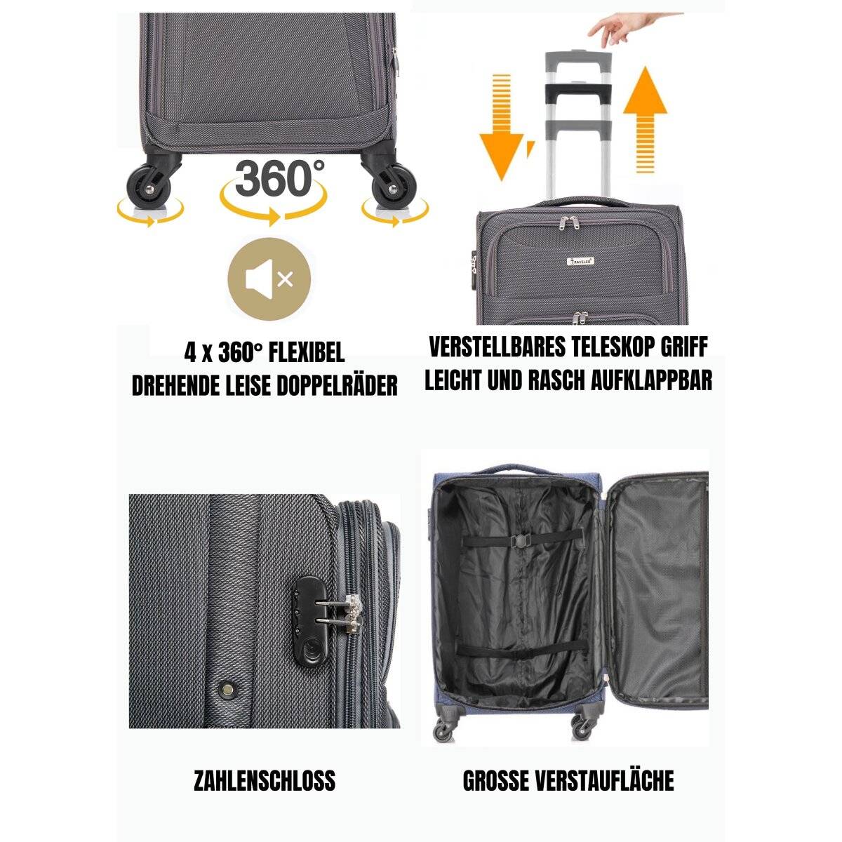 Hochwertiges 4er Kofferset aus Stoff mit Erweiterbarer Kapazität und 360° Rädern Grau