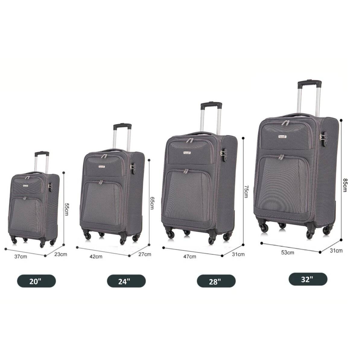 Hochwertiges 4er Kofferset aus Stoff mit Erweiterbarer Kapazität und 360° Rädern Grau