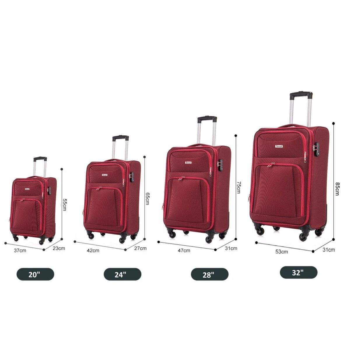 Hochwertiges 4er Kofferset aus Stoff mit Erweiterbarer Kapazität und 360° Rädern Rot