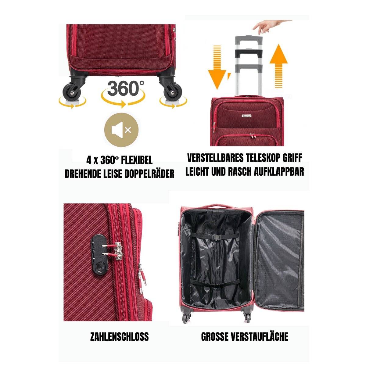 Hochwertiges 4er Kofferset aus Stoff mit Erweiterbarer Kapazität und 360° Rädern Rot