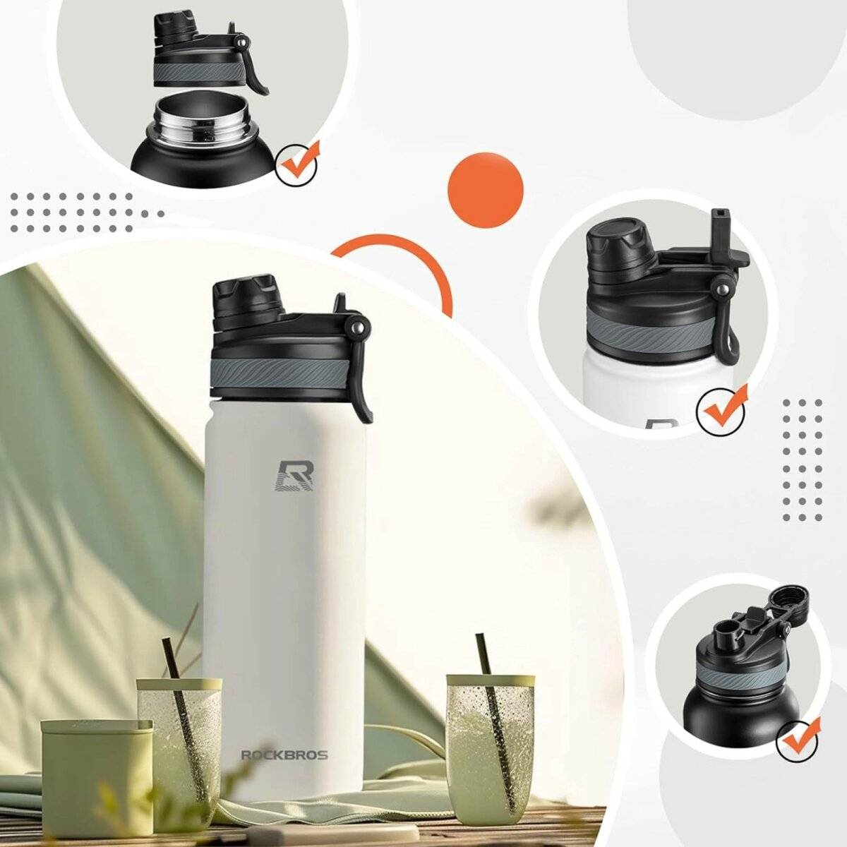 Fahrrad-Thermoflasche für Getränke aus hochwertigem Edelstahl Trinkflasche 530 ml Weiß