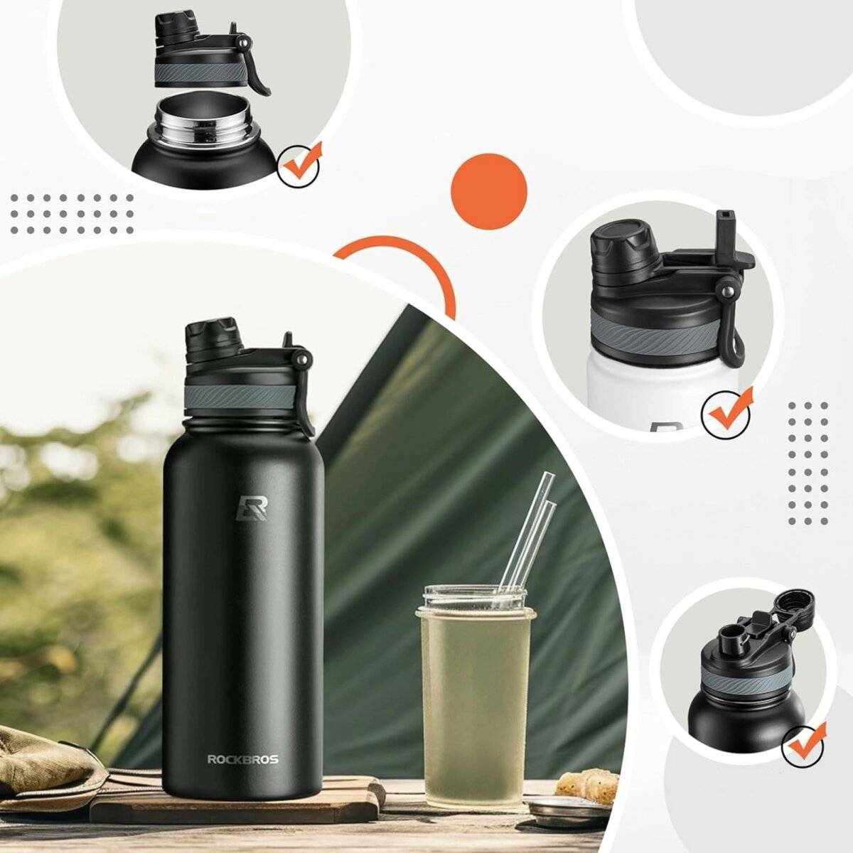 Fahrrad-Thermoflasche für Getränke aus hochwertigem Edelstahl Trinkflasche 530 ml Schwarz