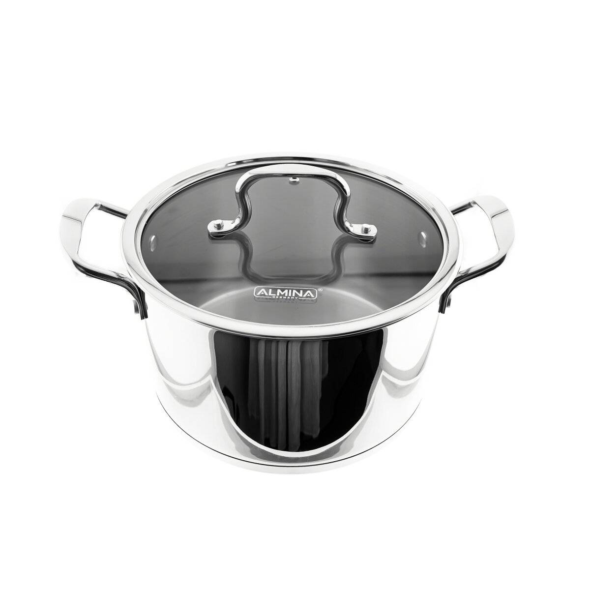 Hochwertiges Kochtopf aus Edelstahl mit Metallgriff und Glasdeckel in Silber 22 cm