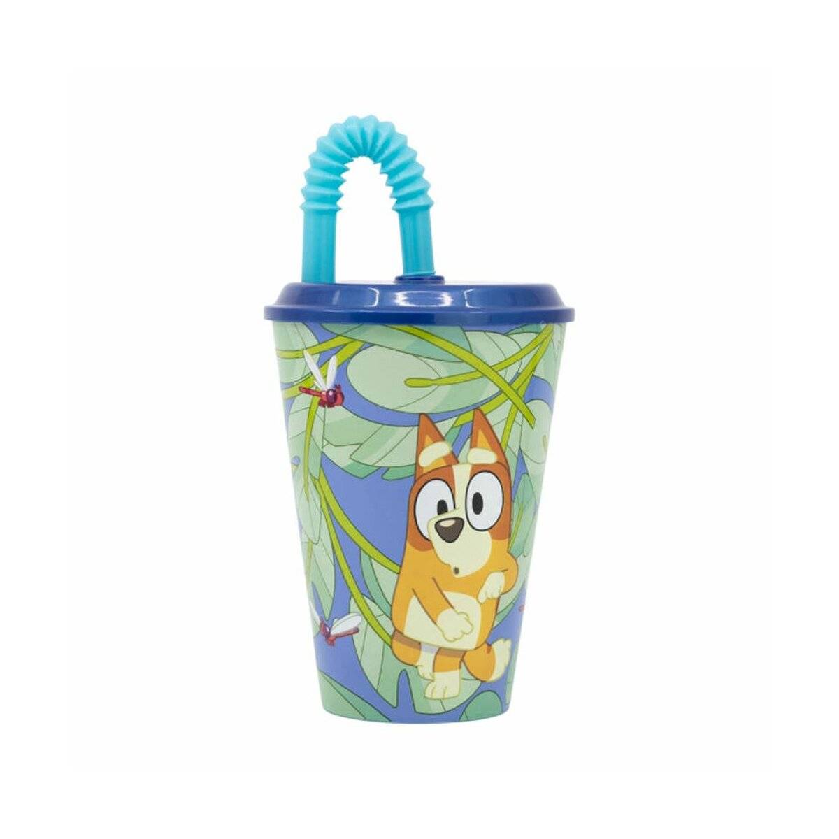 Niedlicher Wasserbecher für Kinder 430 ml - Wasserbecher Blau mit Strohhalm