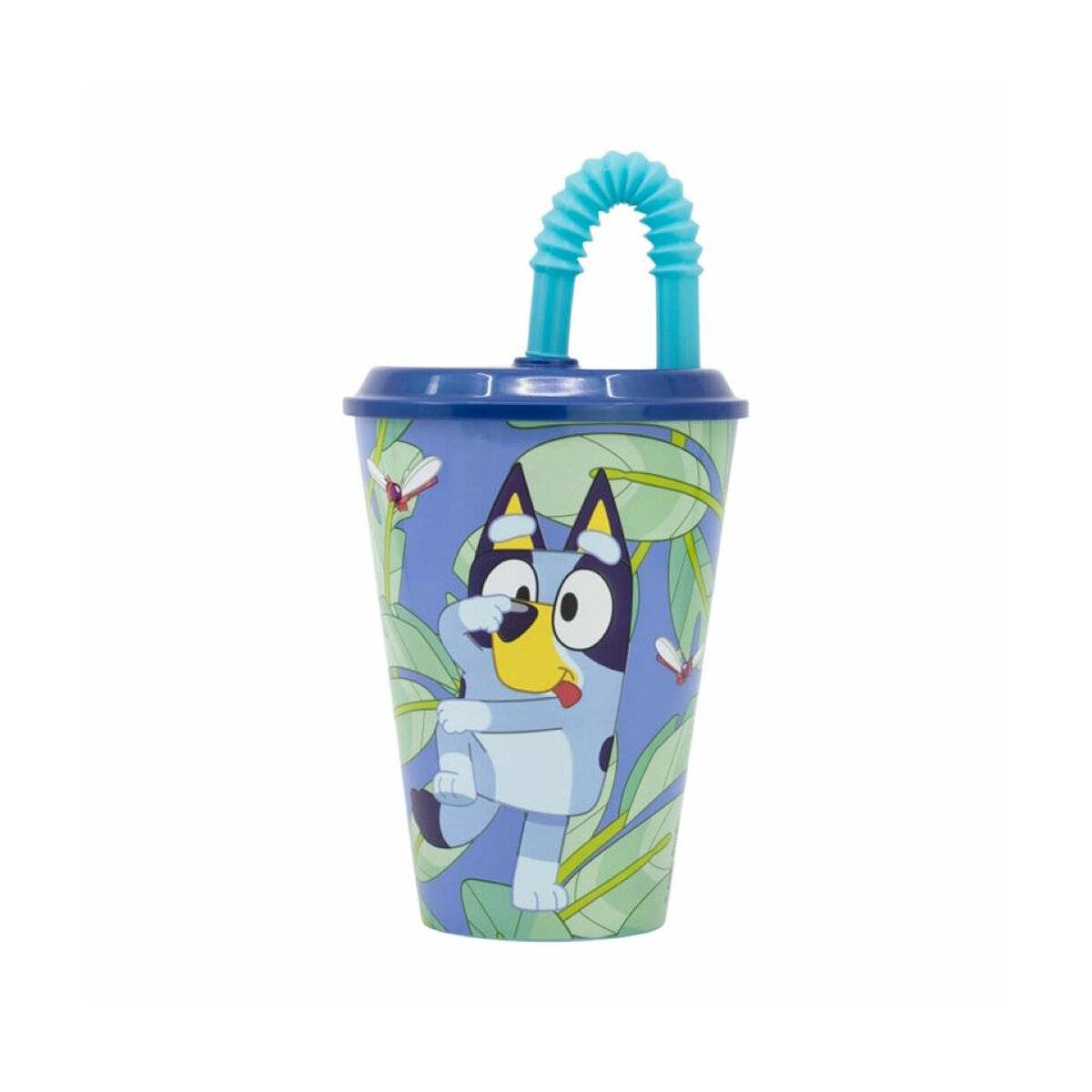 Niedlicher Wasserbecher für Kinder 430 ml - Wasserbecher Blau mit Strohhalm