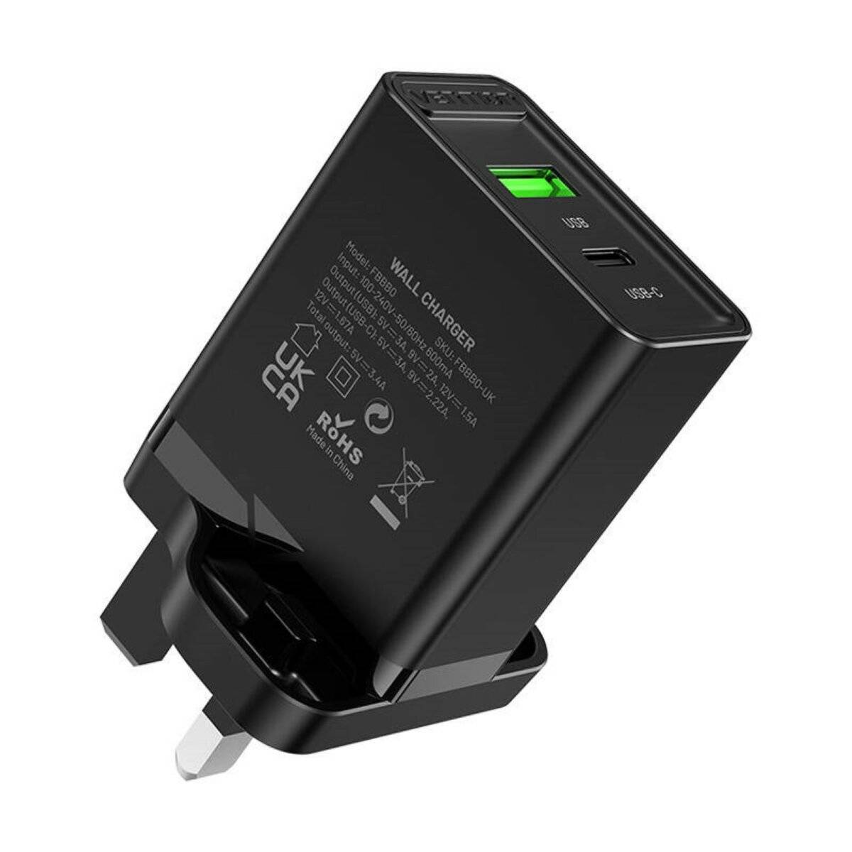 UK-Netzladegerät mit 2 Anschlüssen USB-A und USB-C (18W/20W) Schnellladegerät Schwarz