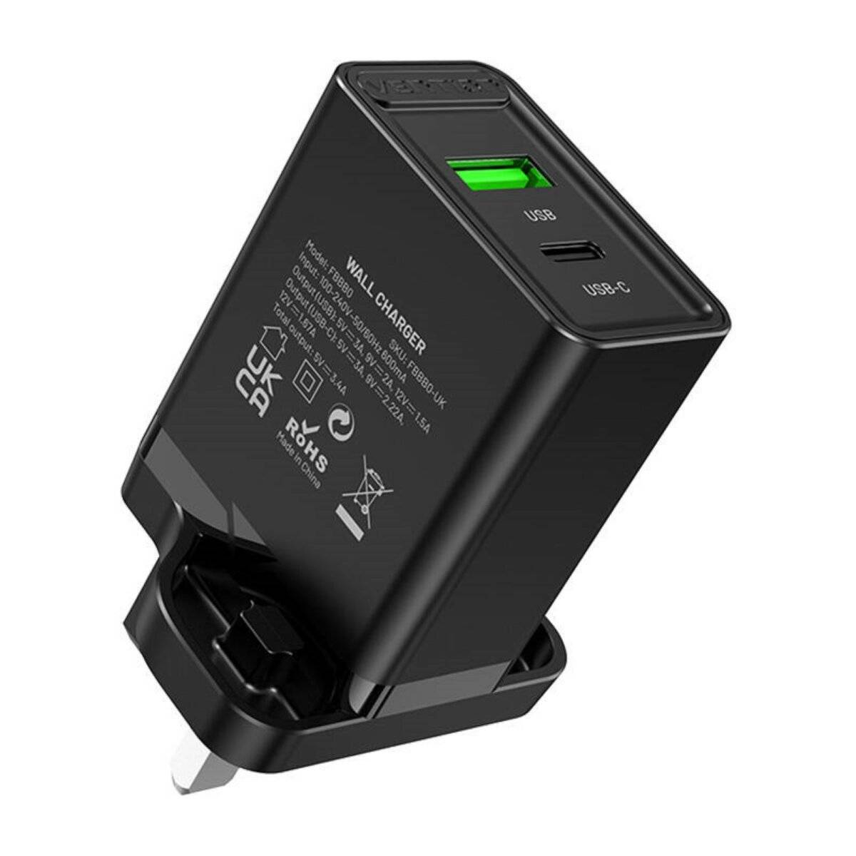 UK-Netzladegerät mit 2 Anschlüssen USB-A und USB-C (18W/20W) Schnellladegerät Schwarz