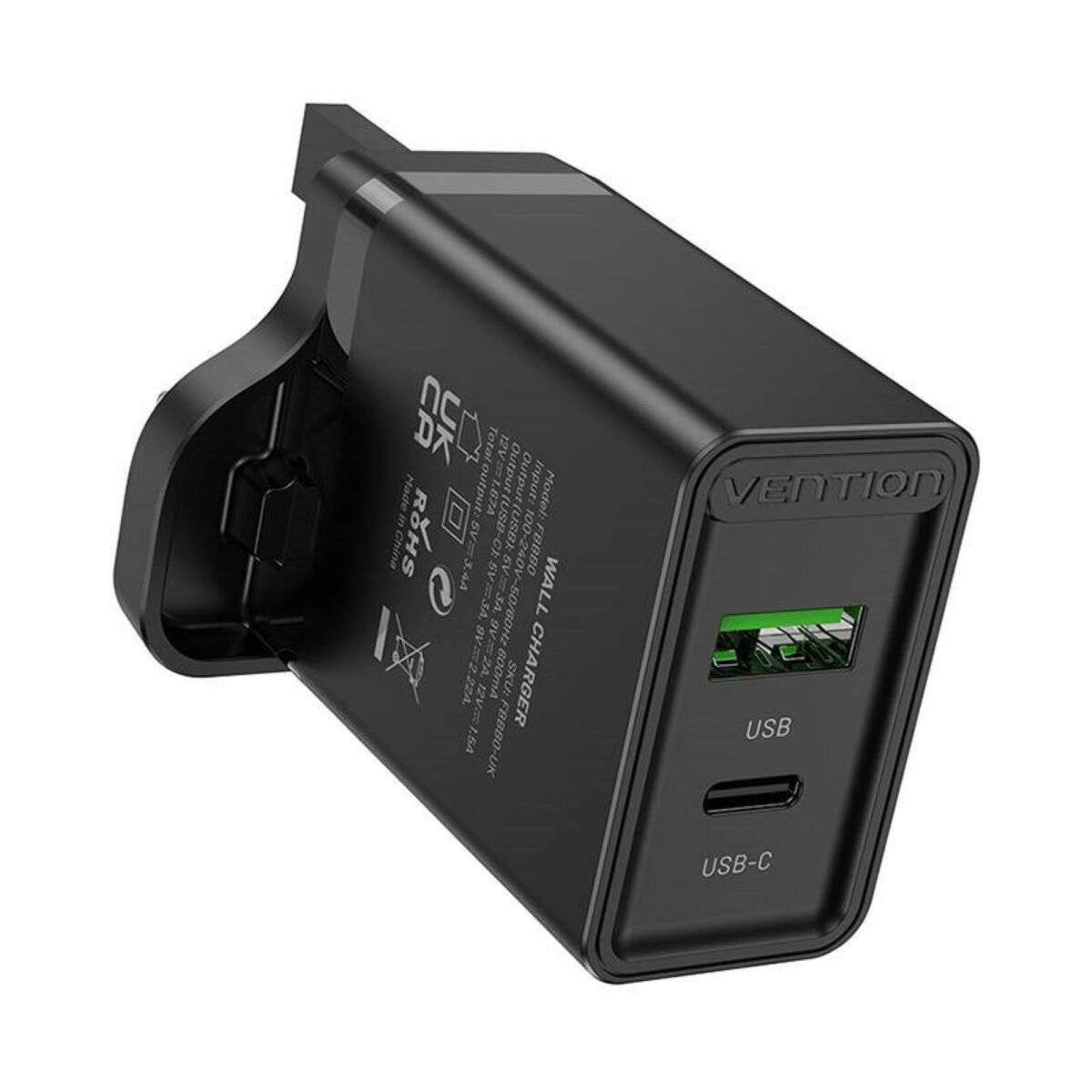 UK-Netzladegerät mit 2 Anschlüssen USB-A und USB-C (18W/20W) Schnellladegerät Schwarz