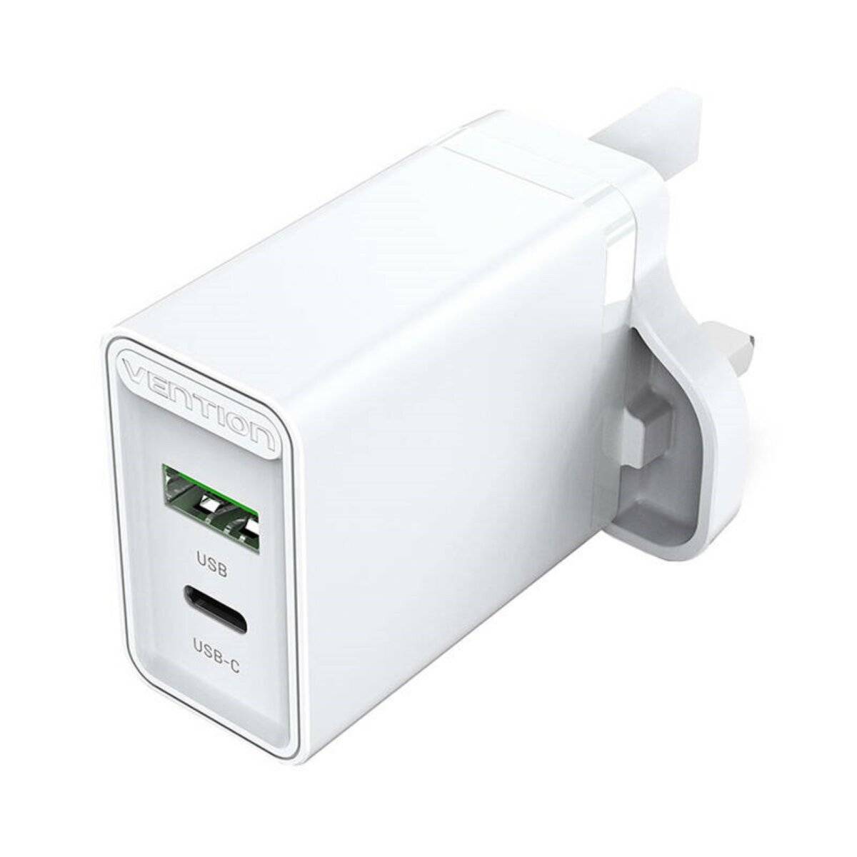 UK-Netzladegerät mit 2 Anschlüssen USB-A und USB-C (18W/20W) Schnellladegerät Weiß