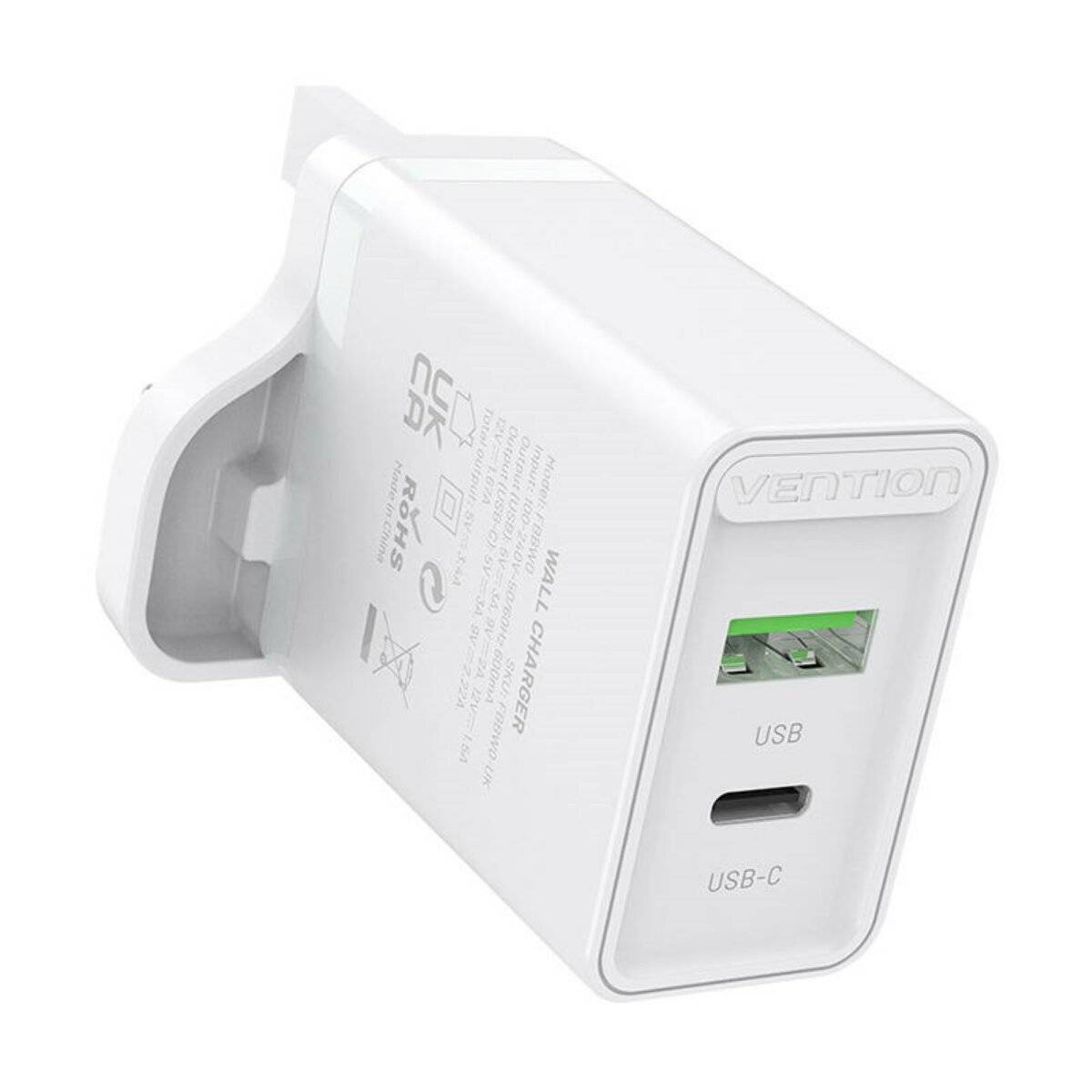 UK-Netzladegerät mit 2 Anschlüssen USB-A und USB-C (18W/20W) Schnellladegerät Weiß