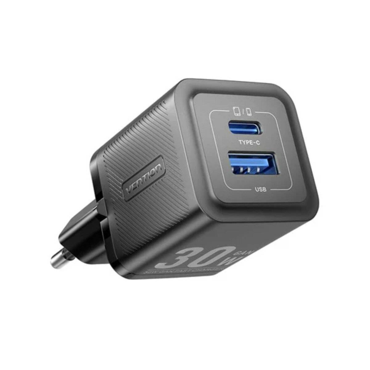 Wandladegerät mit 2 Anschlüssen 30W USB-A, USB-C GaN Ladegerät EU-Stecker Schwarz