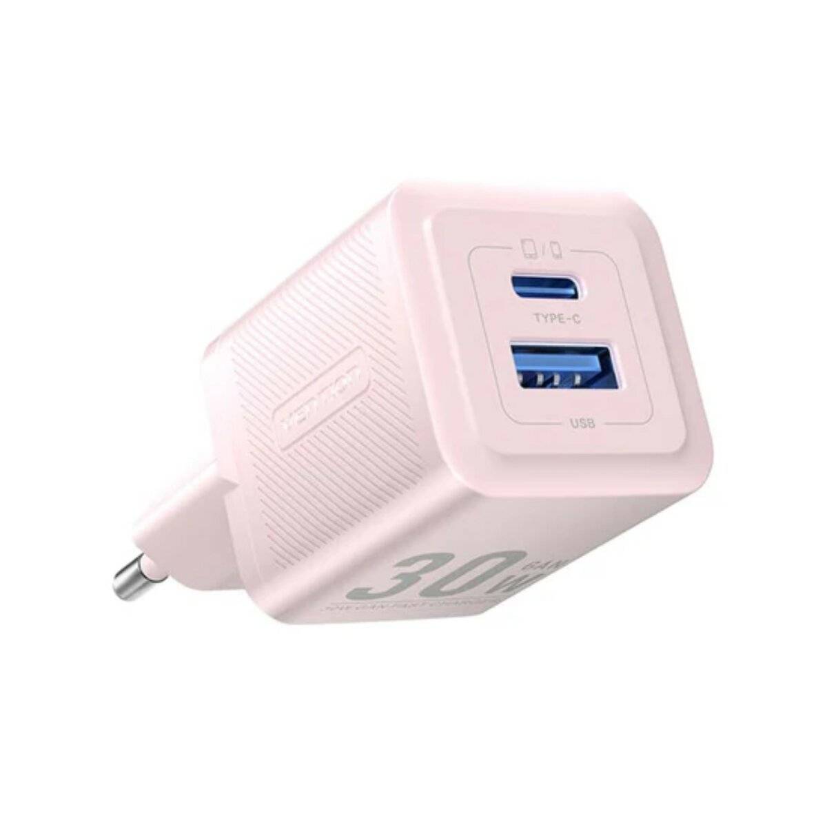 Wandladegerät mit 2 Anschlüssen 30W USB-A, USB-C GaN Ladegerät EU-Stecker Pink