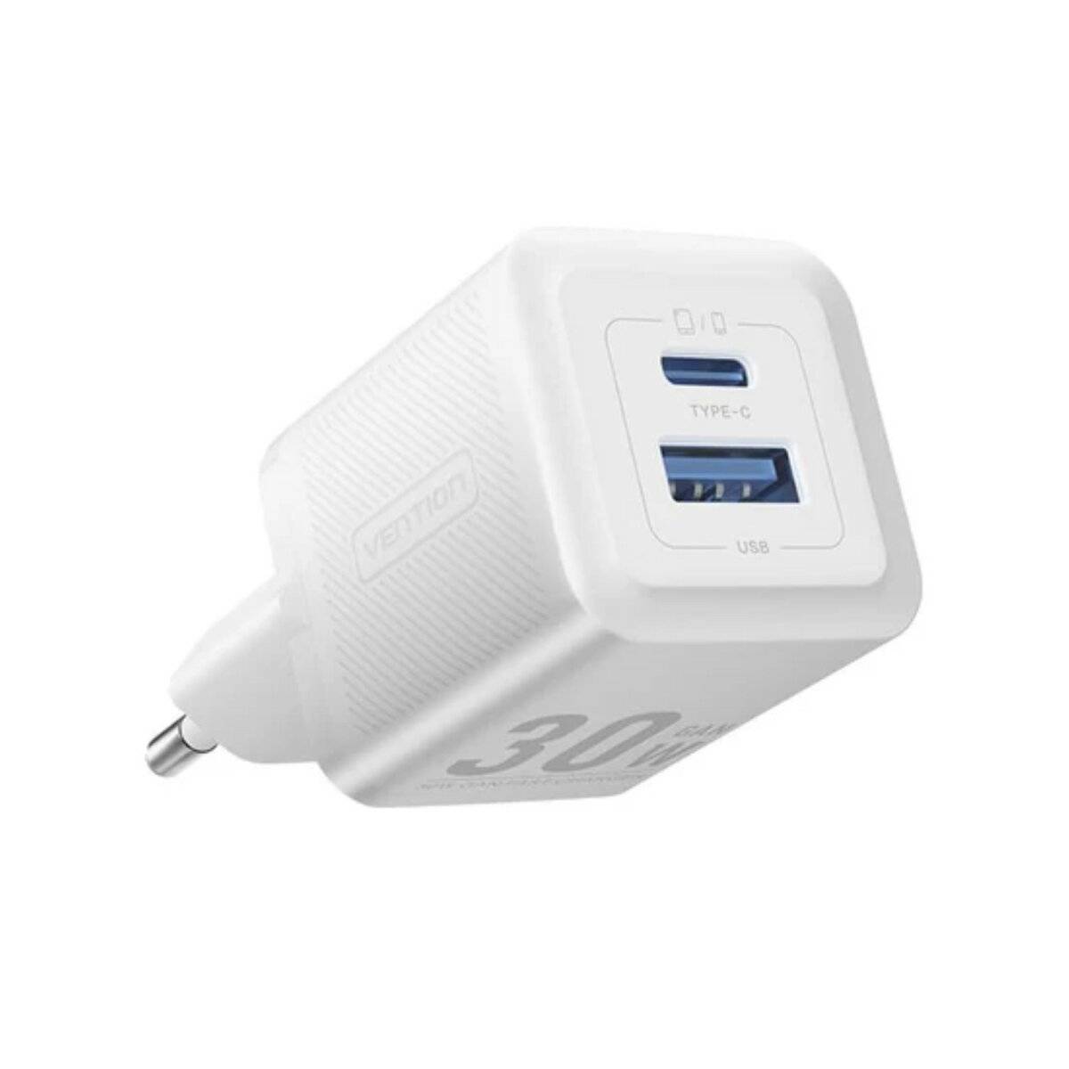 Wandladegerät mit 2 Anschlüssen 30W USB-A, USB-C GaN Ladegerät EU-Stecker Weiß