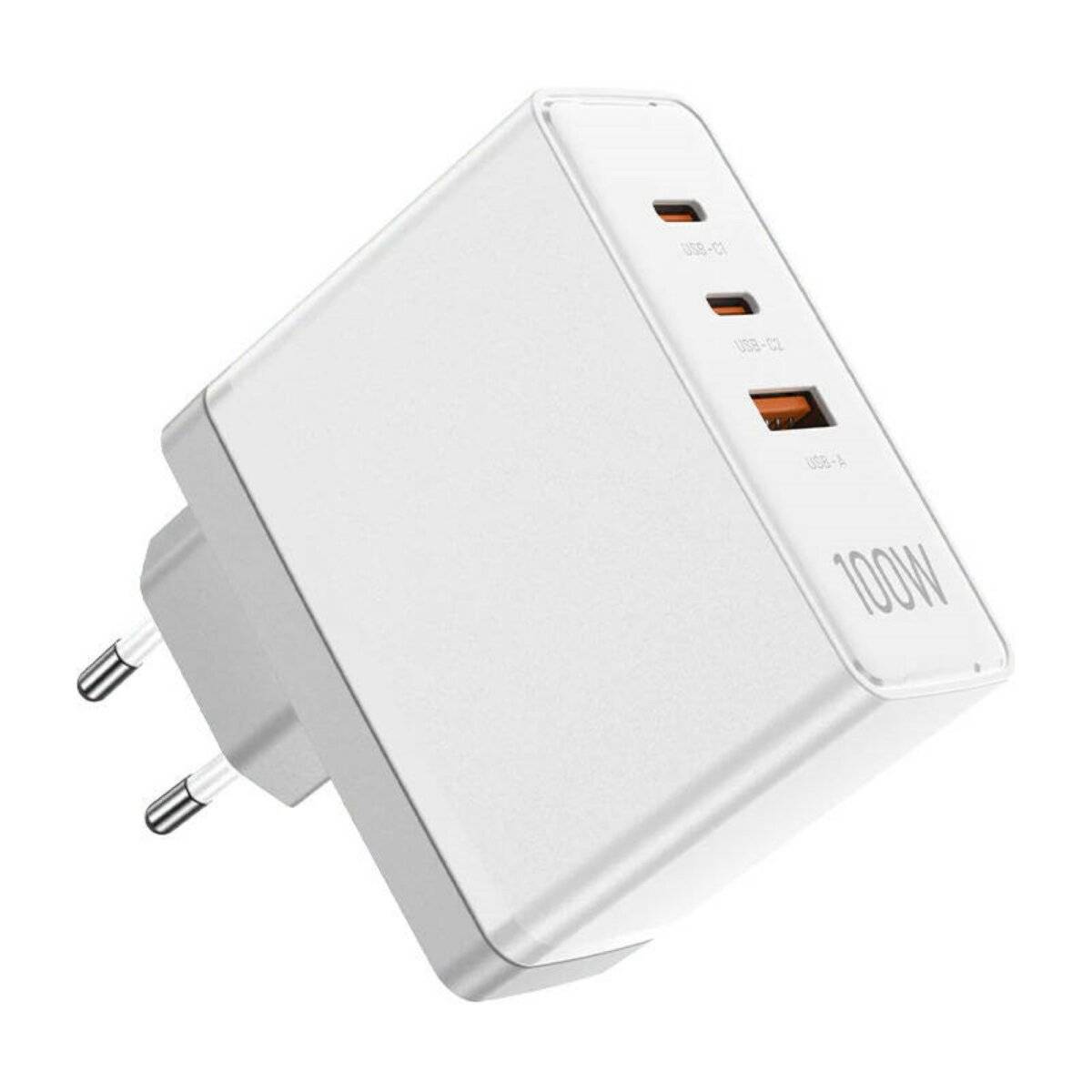 Wandladegerät 100W mit 3 Anschlüssen 2x USB-C, USB-A GaN-Schnellladegerät Weiß