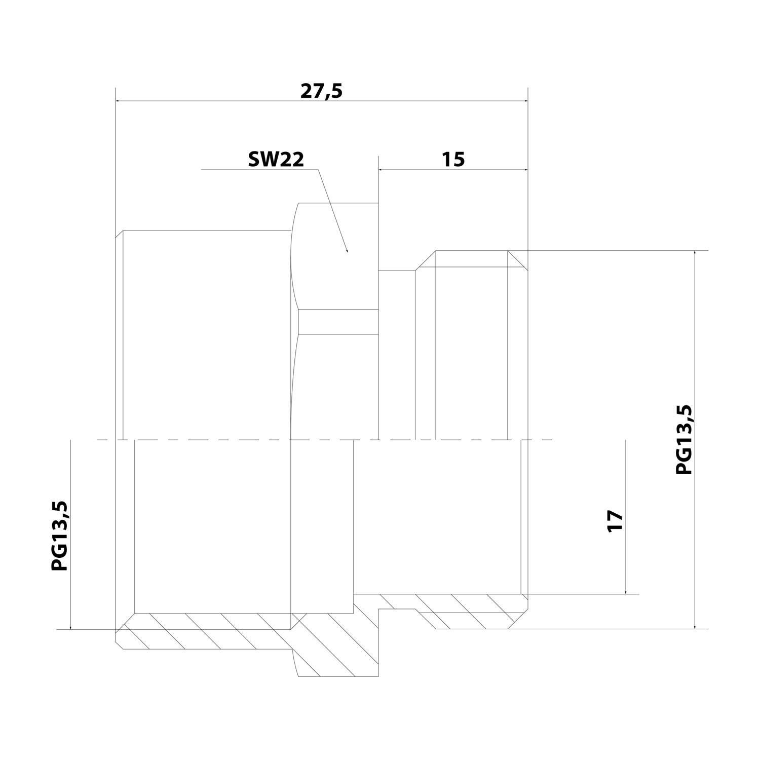 Technische Zeichnung eines zylindrischen Objekts mit Abmessungen: Breite 27,5, SW22, Länge 15, Höhe 17; zeigt PG13,5-Gewinde an beiden Seiten.