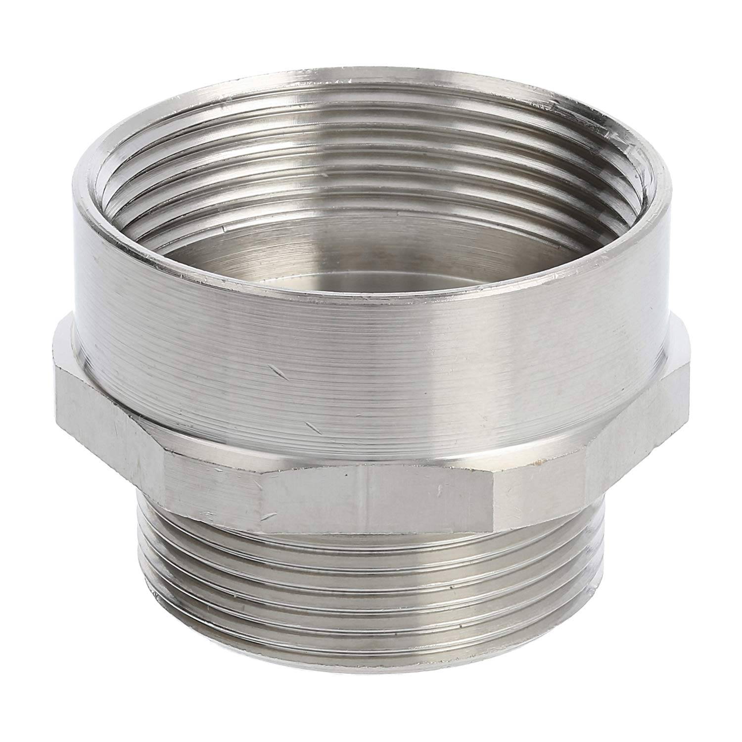 Eine Nahaufnahme einer Edelstahl-Rohrverschraubung mit Gewindeenden, die zum Verbinden von Rohren in der Sanitär- oder Industrietechnik verwendet wird.