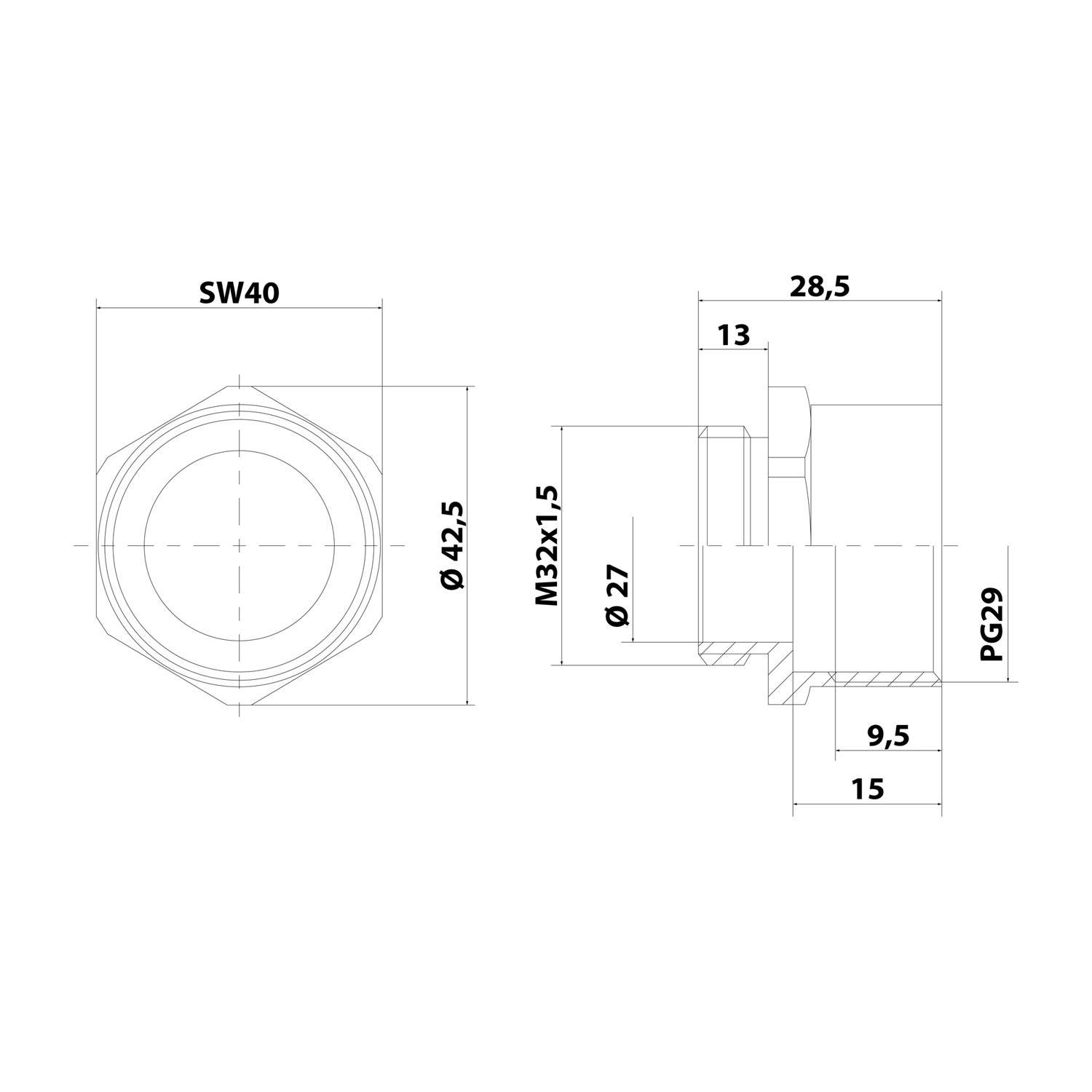 Technische Zeichnung eines mechanischen Bauteils mit Maßen: SW40, ø42,5, M32x1,5 und PG29. Seitenansicht zeigt Schnittdetails und Abmessungen.