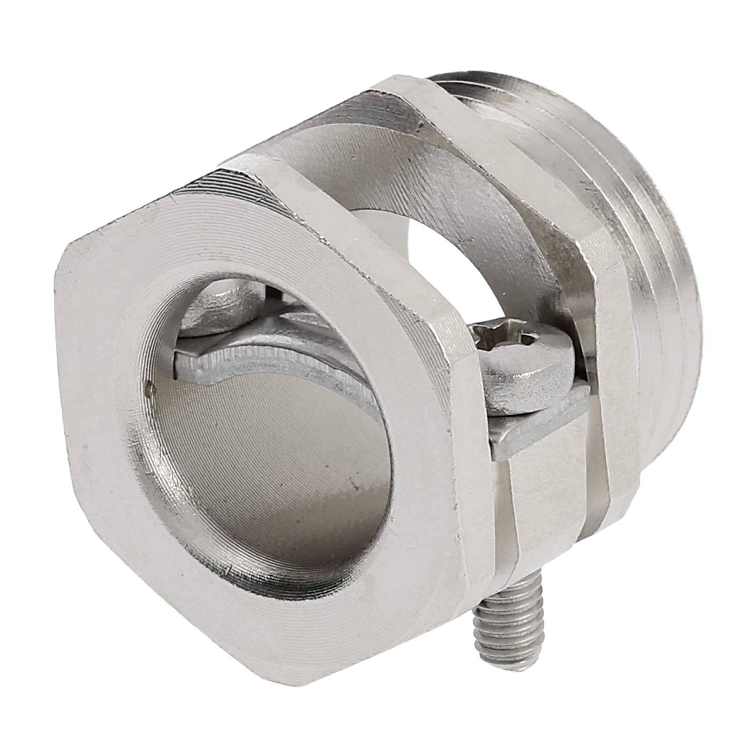 Eine metallische Schelle mit einer kreisförmigen Öffnung und Gewindeschraube, verwendet zum Befestigen von Kabeln oder Rohren. Aus silberfarbenem Metall hergestellt.