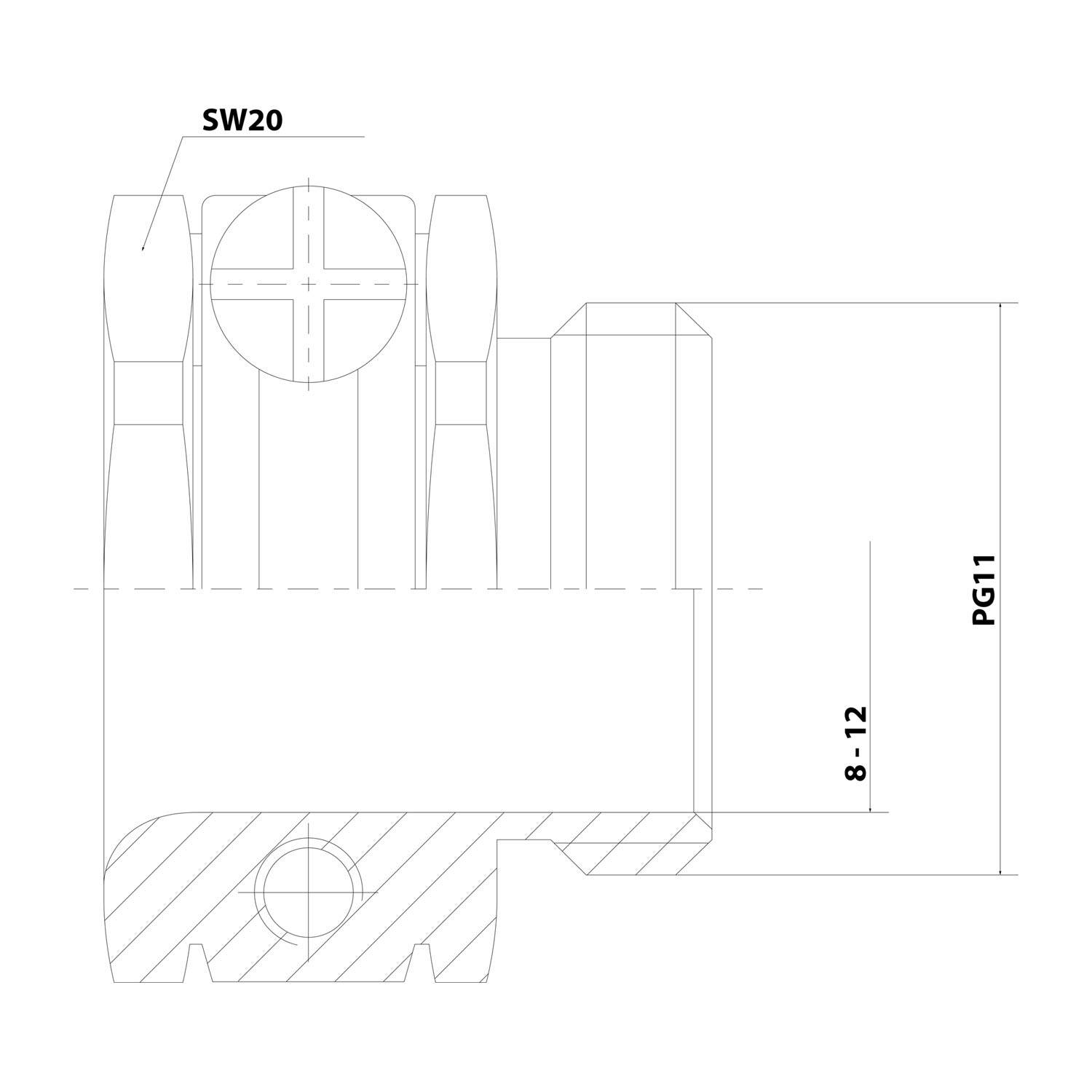 Technische Zeichnung eines mechanischen Bauteils, die die Maße 'SW20' und '8-12' horizontal und 'PG11' vertikal auf der rechten Seite zeigt.