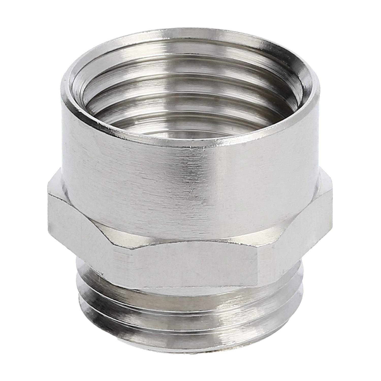 Sechseckiges Metallrohrverbindungsstück, innen und außen mit Gewinde versehen, verwendet zur sicheren Verbindung von Sanitärröhren.