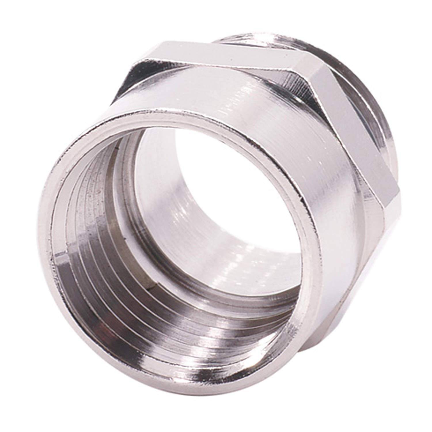 Ein silberner sechseckiger Metallkabelverschraubungsstutzen mit gewindeter Innenöffnung, der zur Befestigung und Verbindung von elektrischen Leitungsrohren verwendet wird.