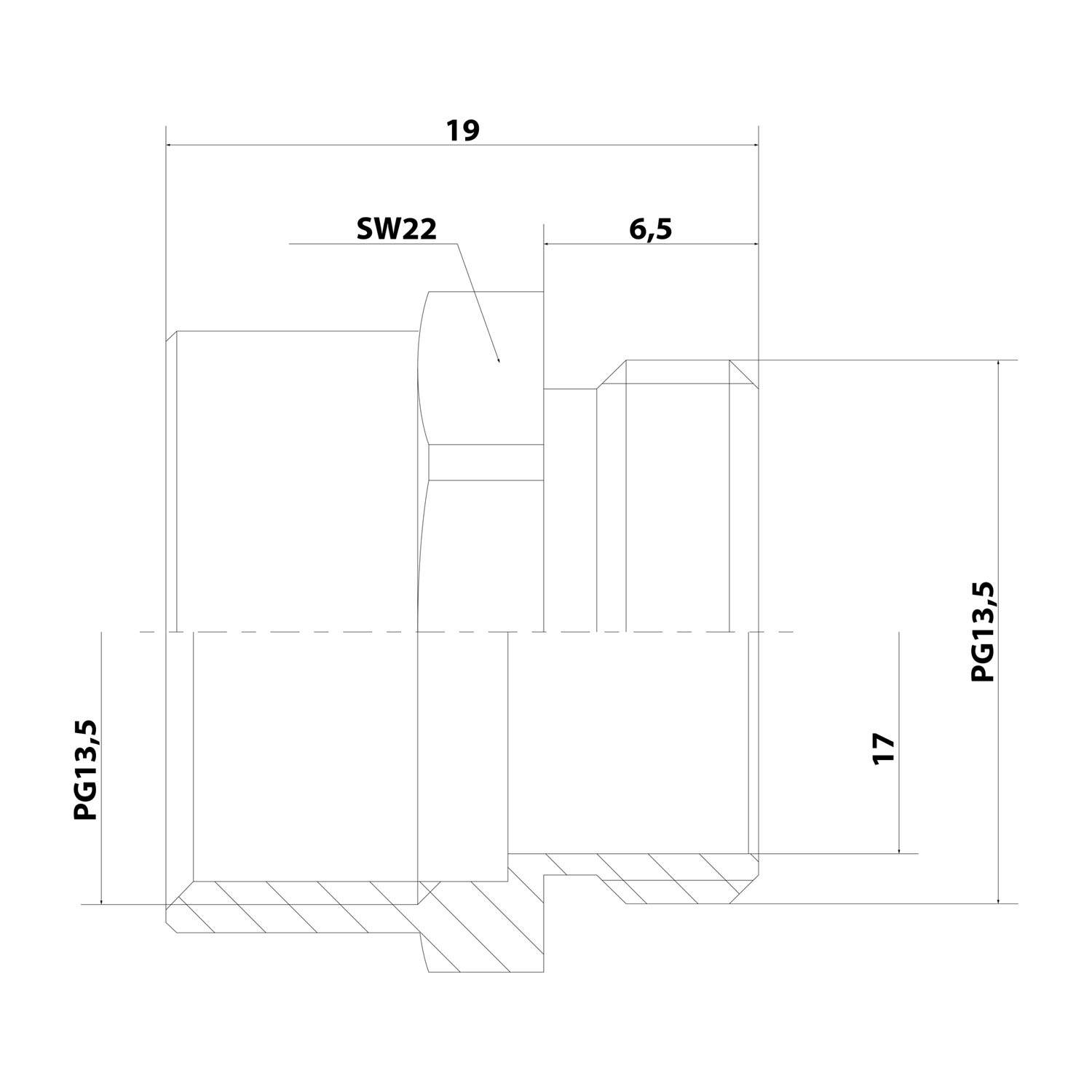 Eine mechanische Zeichnung, die eine Komponente mit folgenden Abmessungen zeigt: Breite 19, Tiefe 6,5, Höhe 17, SW22 und PG13,5 an den Seiten.