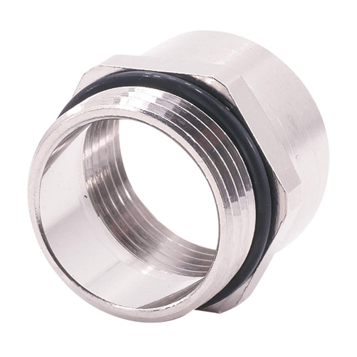 Metallischer sechseckiger Gewinderohrverbinder mit schwarzer Gummidichtung, konzipiert für eine sichere Befestigung in Rohrleitungs- oder industriellen Systemen.