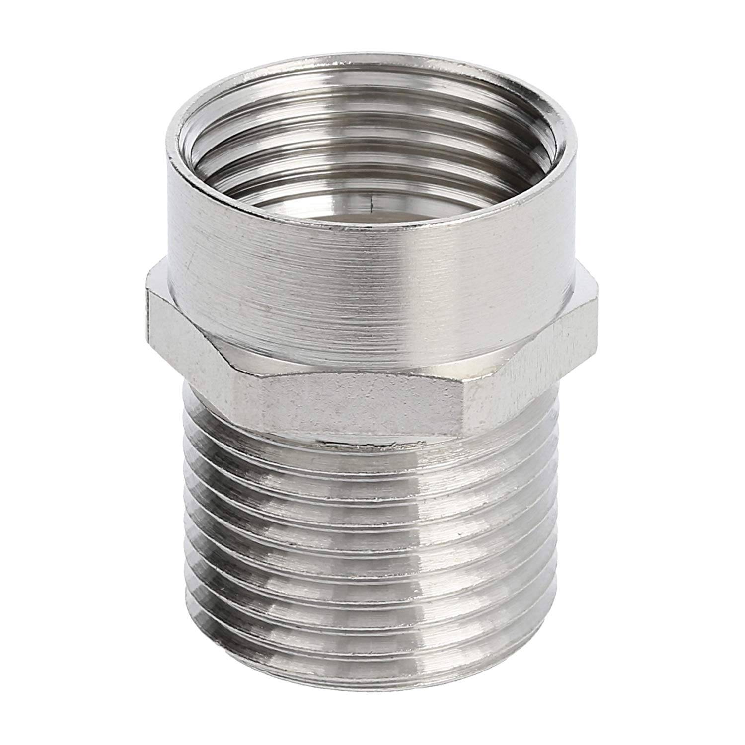 Ein Metall-Gewinderohr-Adapter mit sechseckiger Mitte und glänzender Oberfläche.