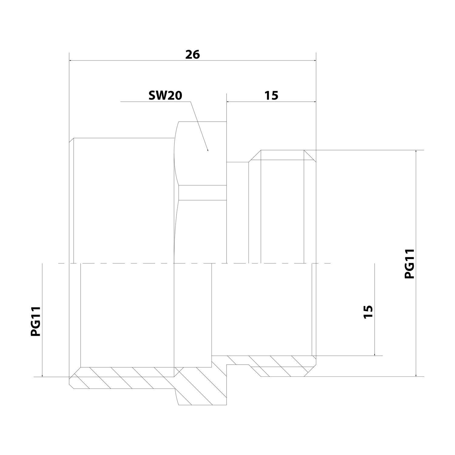 Technische Zeichnung eines Verbinders mit beschrifteten Abmessungen: Gesamtlänge 26 Einheiten, Breite 15 Einheiten, Höhe PG11 (15 Einheiten) und SW20-Vertiefung.